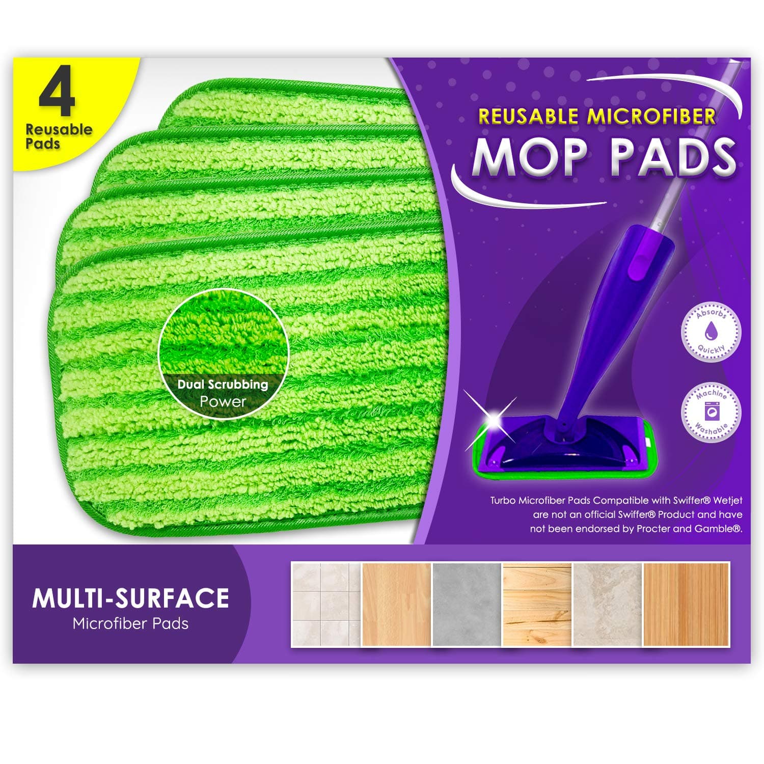 Turbo Mops Reusable Floor Mop Pads - Pack of 4 Machine Washable, 12-inch Microfiber Mop Refills - Household Cleaning Tools
