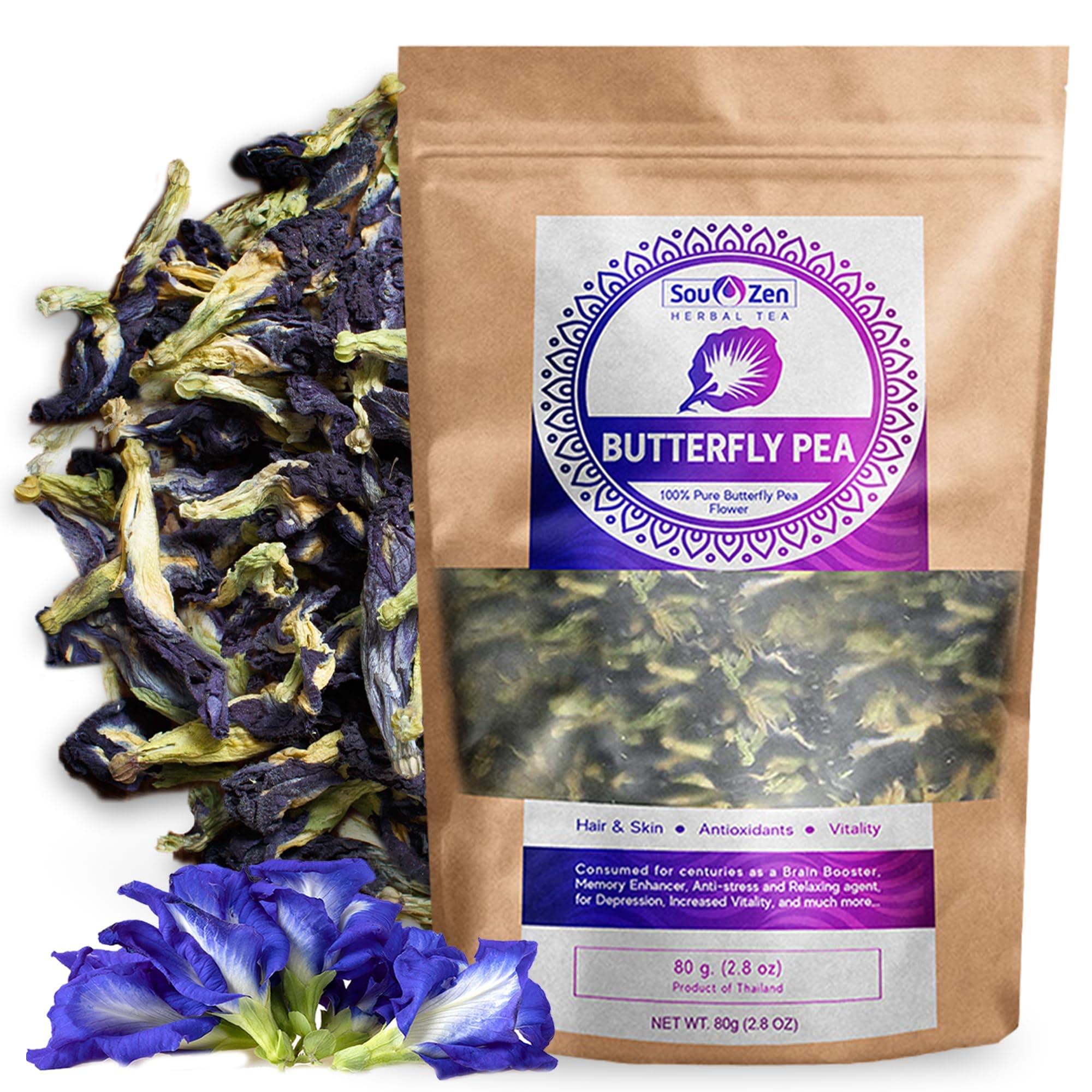 Sou Zen Butterfly Pea Flowers (80g) Dried Tea Leaves | Natural, Raw Drink Mix w/ Antioxidants, Organic Nootropics | Promotes Relaxing Calm, Stress Relief | Thai Herbal