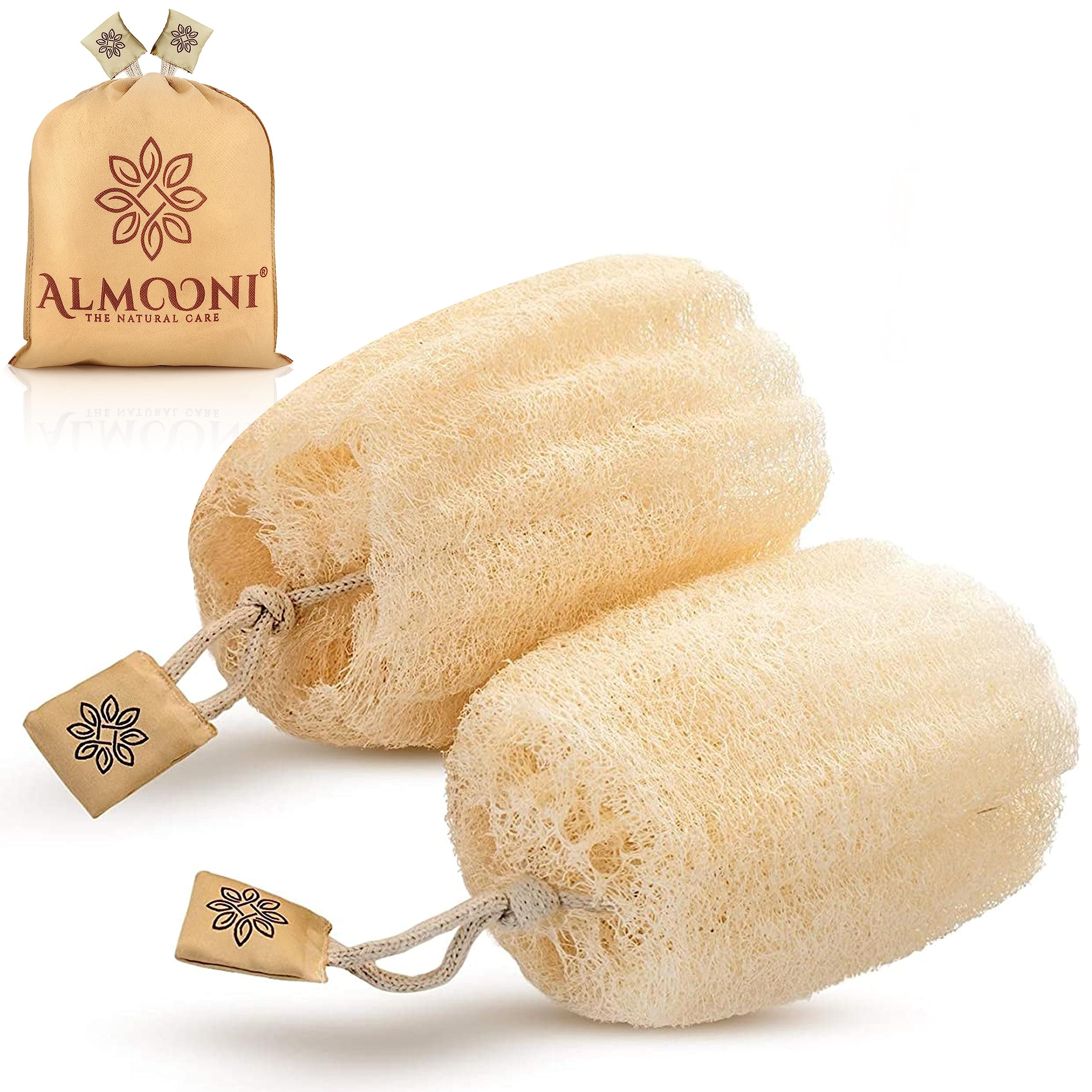 ALMOONI 2 Pcs Natural Loofah 7014 - Natural Real Egyptian Shower Loofah Sponge Body Scrubber That Will Get You Clean and Not Just Spread Soap -2 Count(1 Pack)