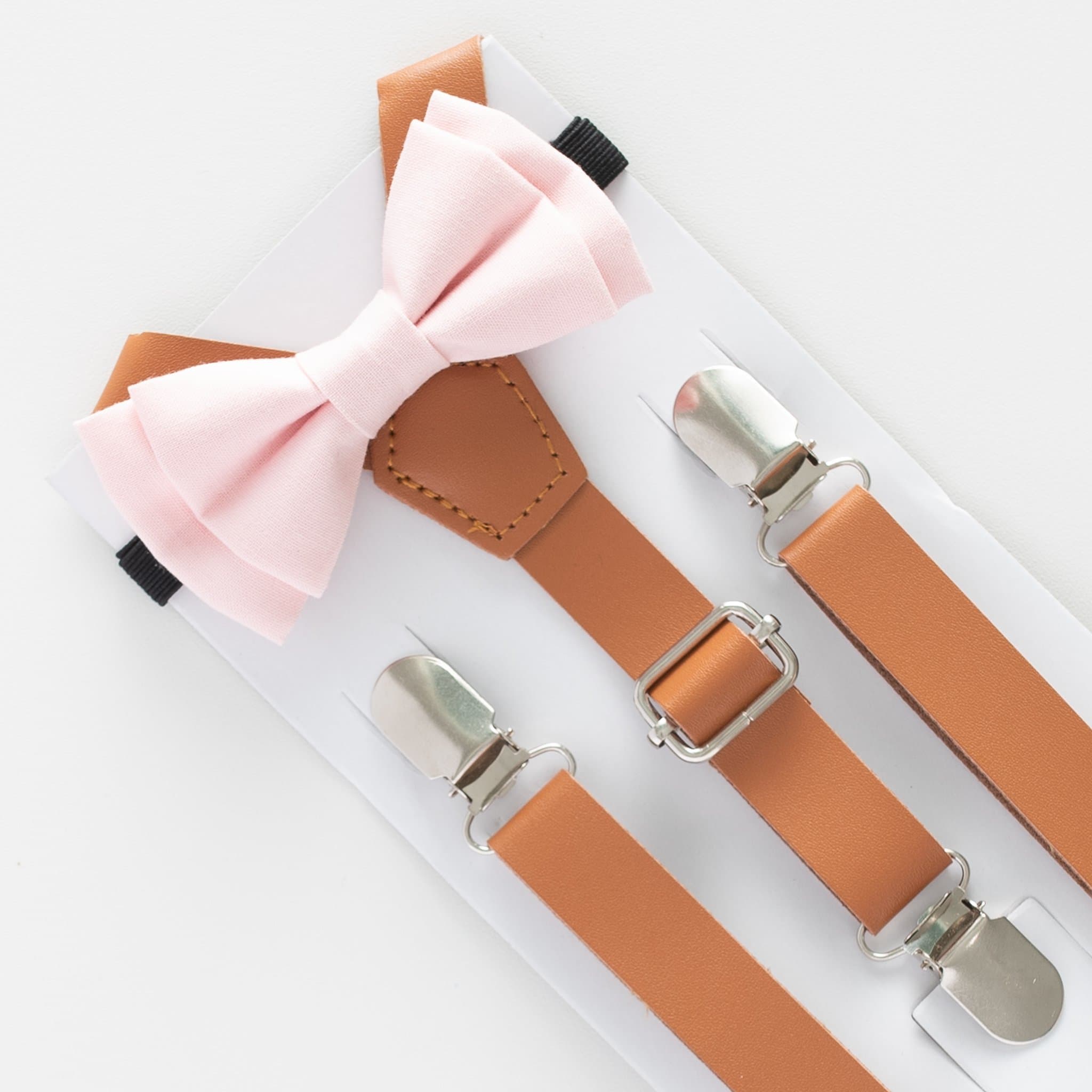 SUSPENDER & BOW TIE Set. Sweetnswag Blush Pink Bow tie with Light Brown Leather Suspenders. Infant - Adult. Photography prop, Weddings.