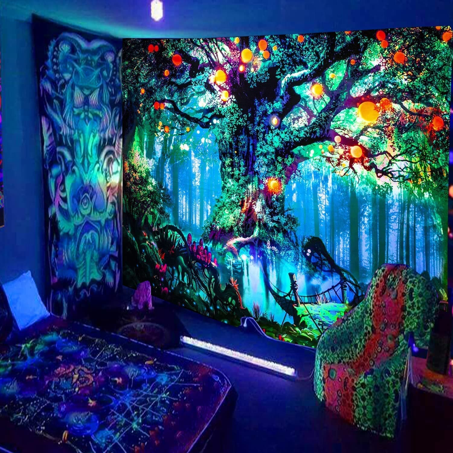 Simpkeely Blacklight Tree Fantasy Forest Fairy Tapestry, Nature Magical Elves Tapestry Wall Hanging, UV Reactive Tapestries for Bedroom - 130cm x 150cm
