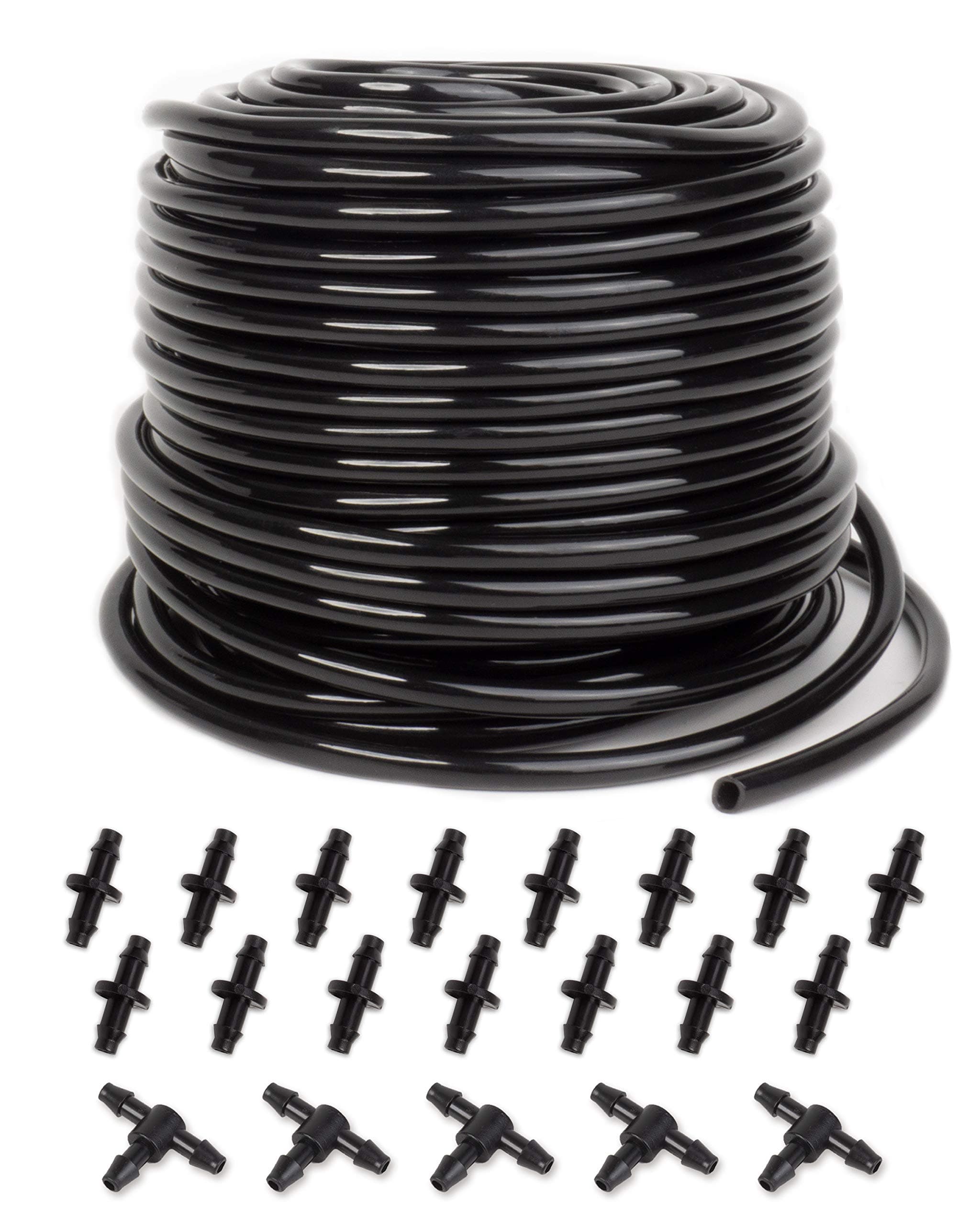 MoHern Drip Irrigation Tubing, 100 Feet 1/4 Inch Drip Line Irrigation Hose with 20 Pcs Drip Irrigation Parts, Drip Irrigation Kit by