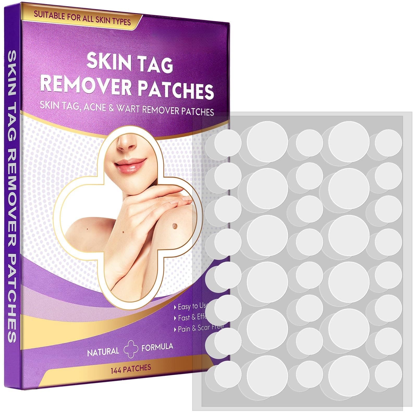 JDLYEVER Skin Tag Remover Patches 144 Packs Comprehensive Skin Tag Solution Easy and Convenient Application, Discreet and Invisible Design Face, Neck, and Other Sensitive Areas Fast & Visible Results