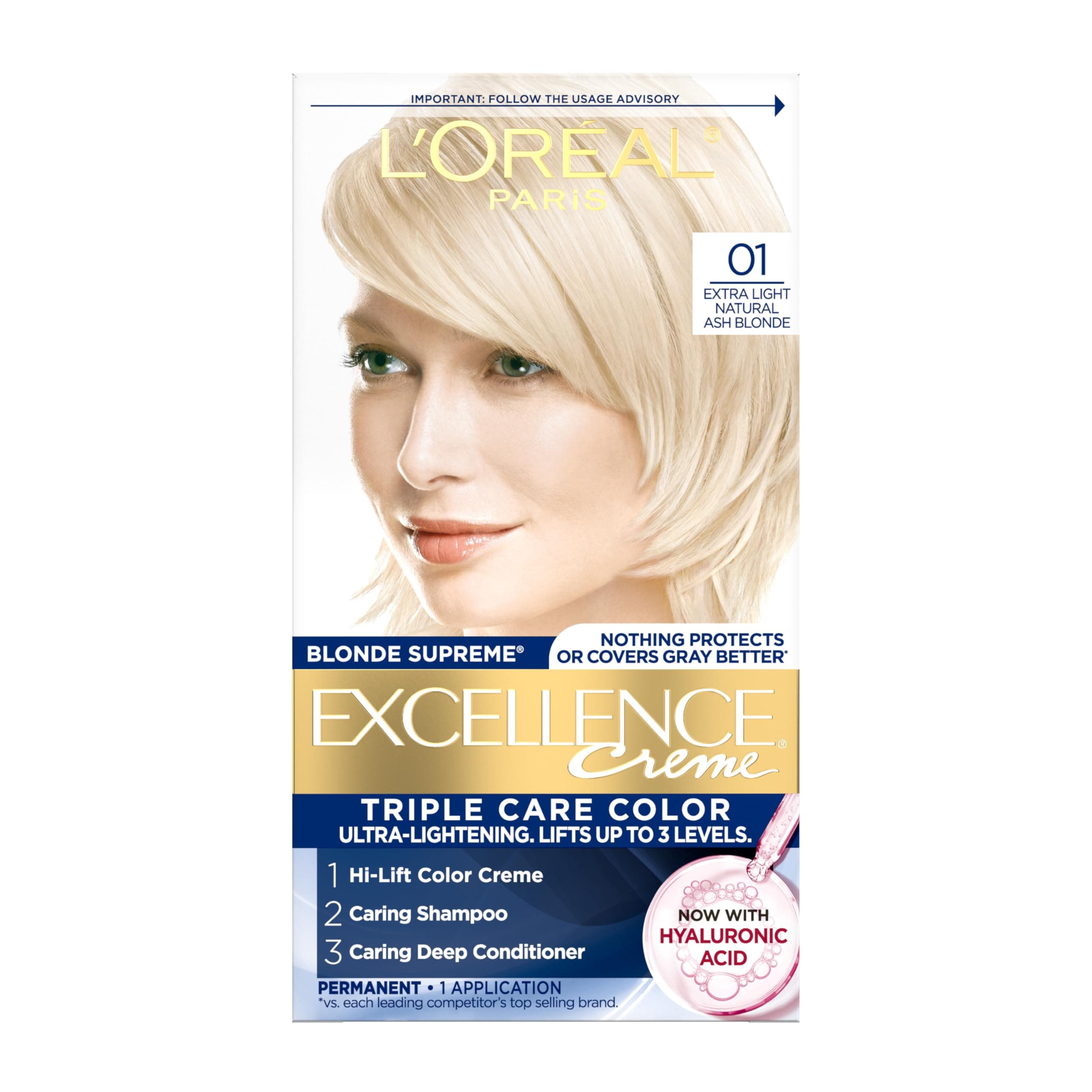 L’Oréal Paris Excellence Creme Permanent Triple Care Hair Color, 01 Extra Light Ash Blonde, Gray Coverage For Up to 8 Weeks, All Hair Types, Pack of 1