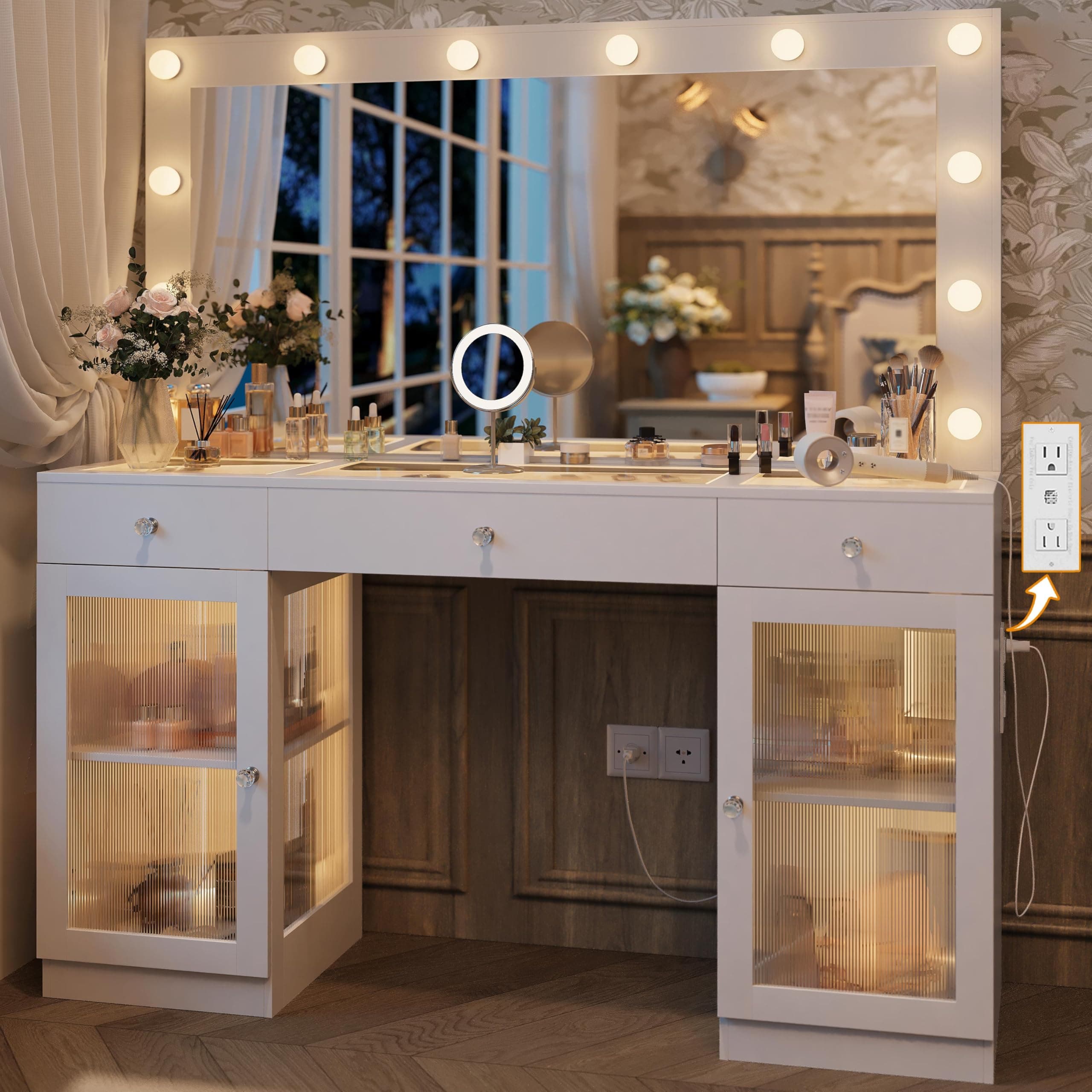 Vanity Desk with Large Mirror and Lights, Glass Top Makeup Vanity with Lights & Power Outlet for Bedroom, 3 Color Lighting Modes, White Dressing Table for Women