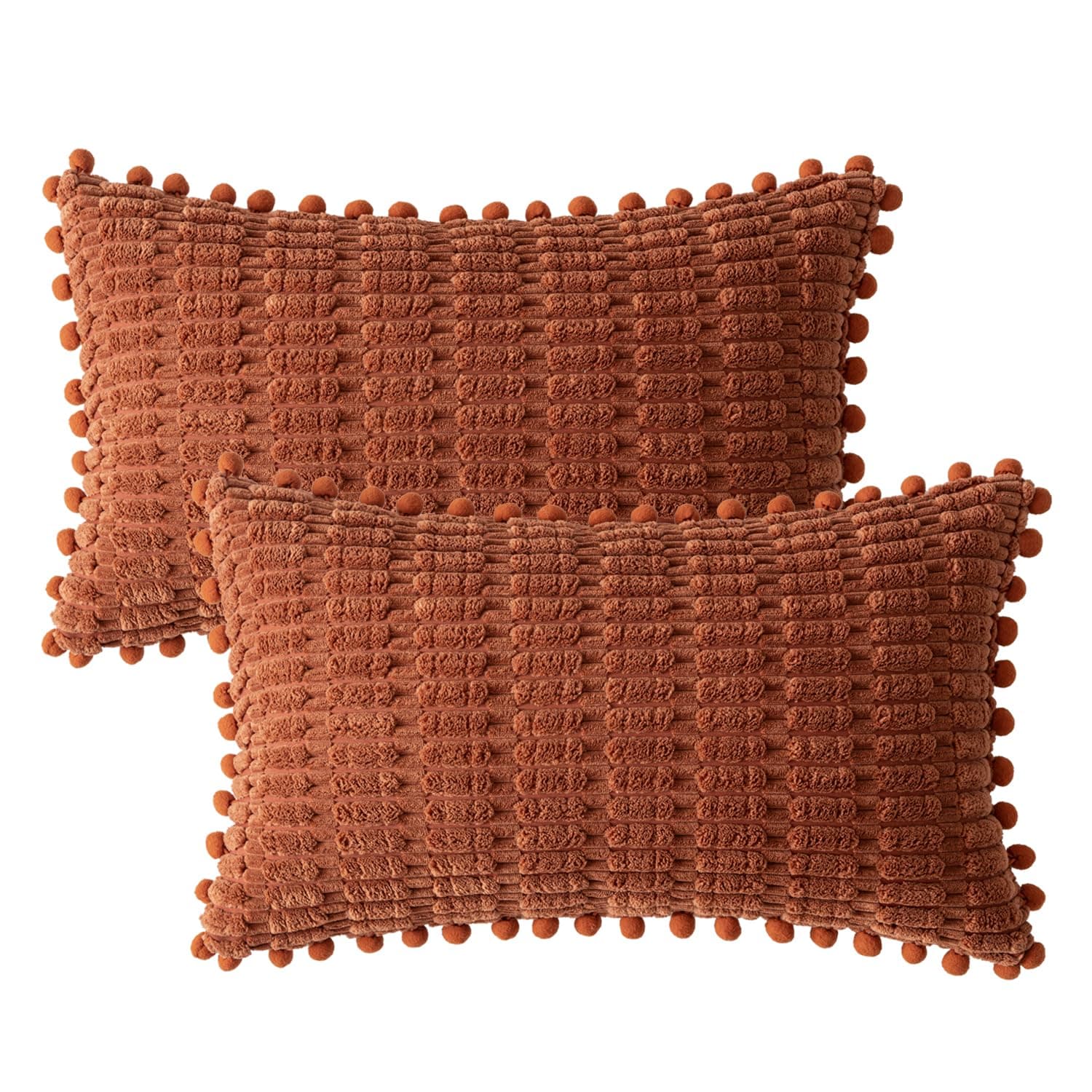 MIULEEBurnt Orange Corduroy Decorative Throw Pillow Covers Pack of 2 Pom-pom Soft Boho Striped Pillow Covers Fall Modern Farmhouse Home Decor for Sofa Living Room Couch Bed 12x20 Inch