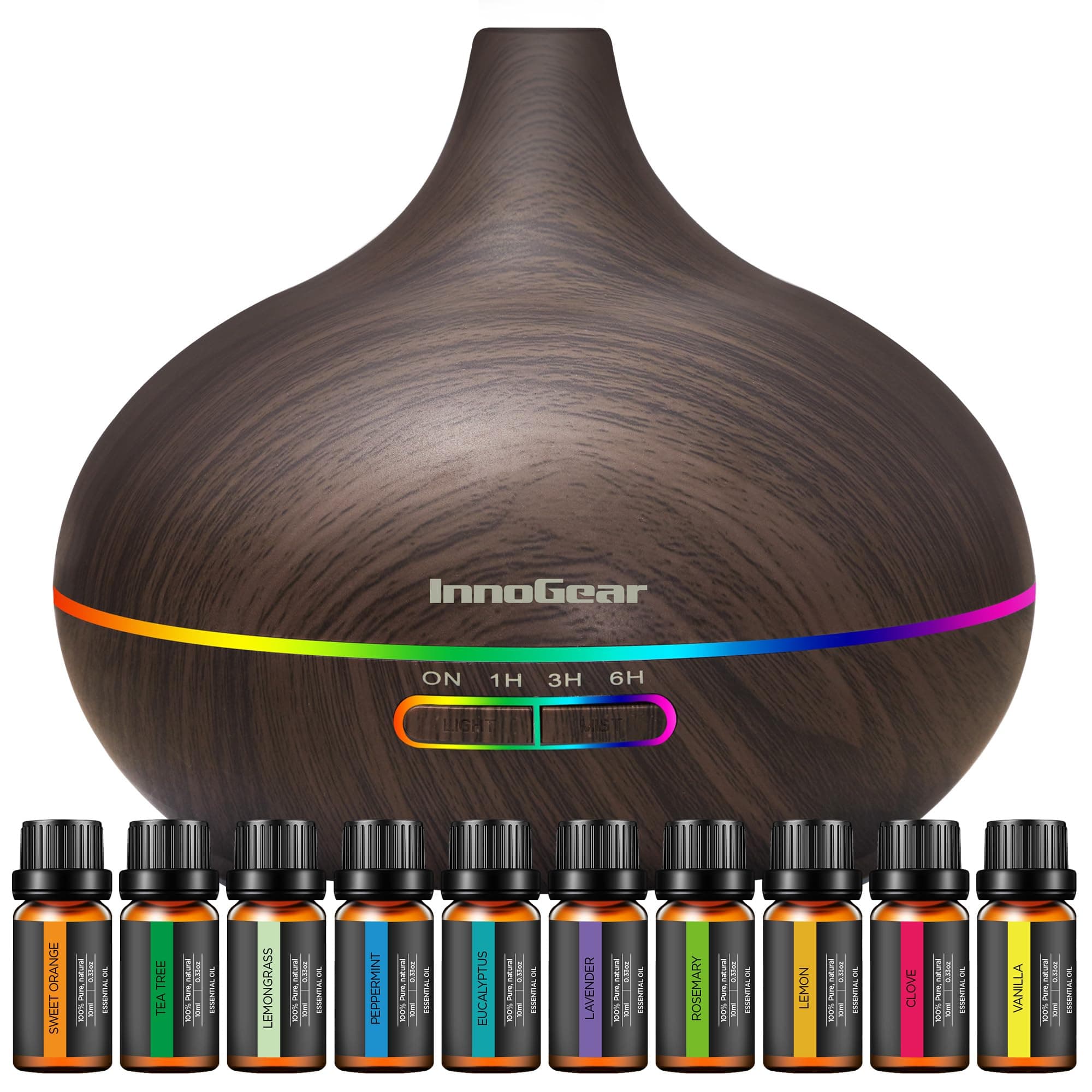 InnoGear Aromatherapy Diffuser & 10 Essential Oils Set, 400ml Diffuser Ultrasonic Diffuser Cool Mist Humidifier with 4 Timers 7 Colors Light Waterless Auto Off for Large Room Office, Dark Wood Grain