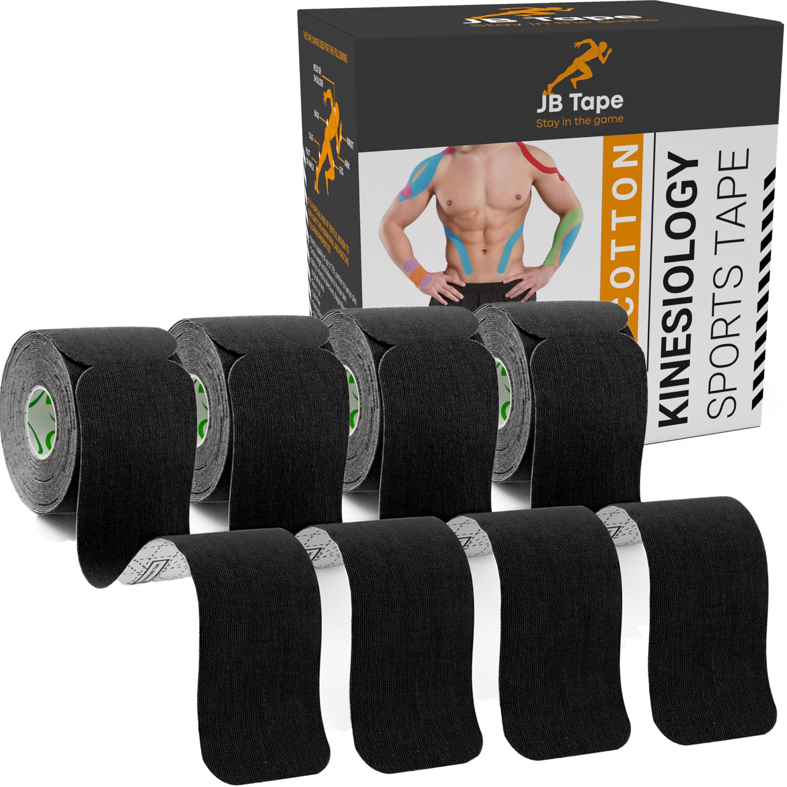 JB Tape Kinesiology Tape – 80 Precut 10-Inch Strips – Black – Elastic, Latex-Free, Water Resistant – Athletic Muscle & Joint Support – 4 Rolls