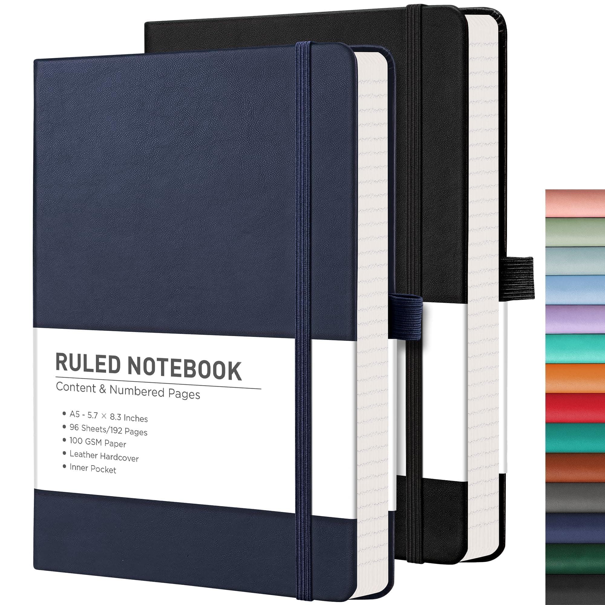 RETTACY College Ruled Notebook 2 Pack - Leather Notebooks College Ruled with 376 Numbered Pages, Hardcover, 8 Perforated Sheets, Pen Loop, 100 GSM Thick Paper 5.75'' × 8.38'' (Black & Blue)