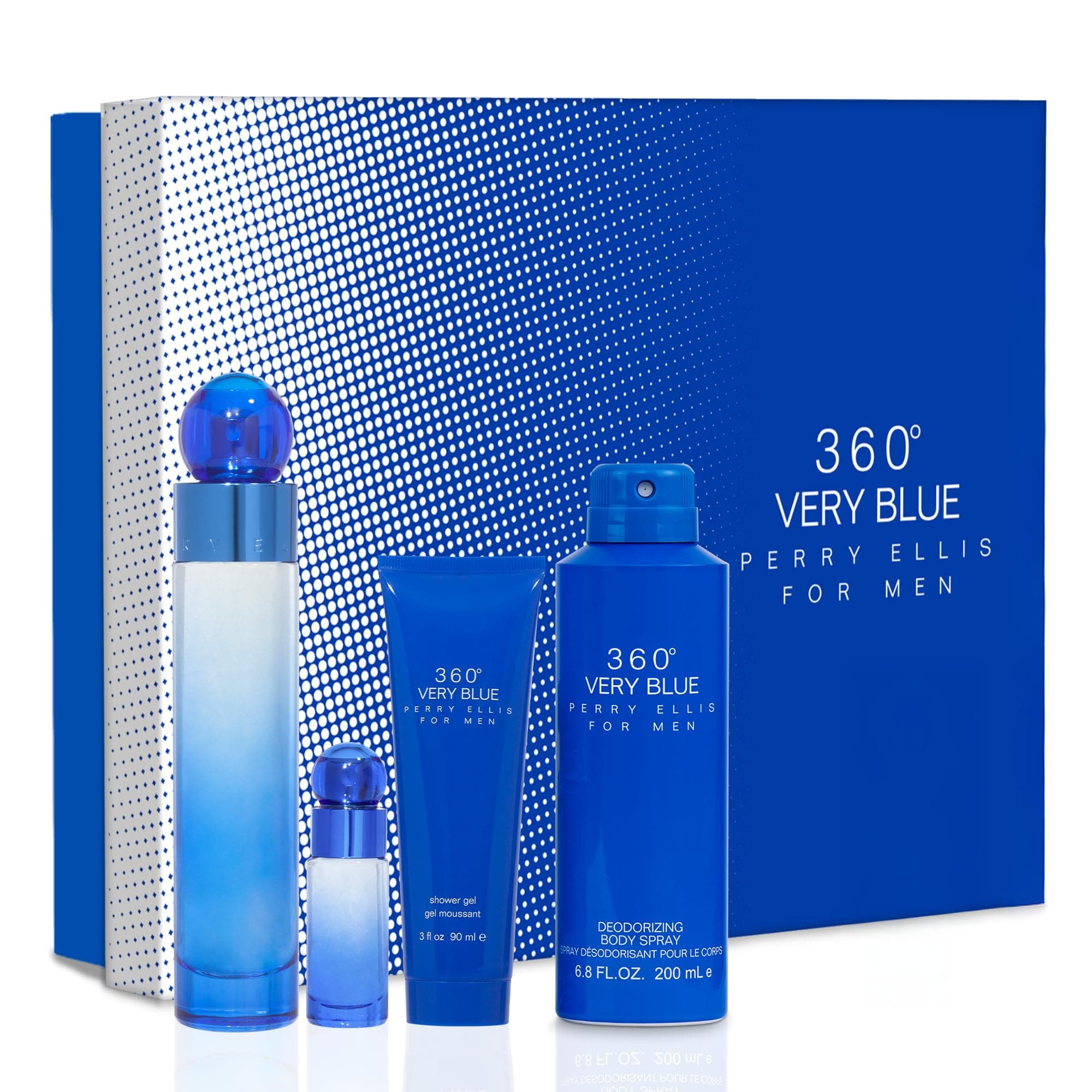 360 Very Blue 4 Pieces Gift Set for Men, (3.4 Ounce Eau de Toilette Spray + 6.8 Ounce Body Spray + 3.0 Ounce Shower Gel + 0.25 Ounce Eau de Toilette Spray)