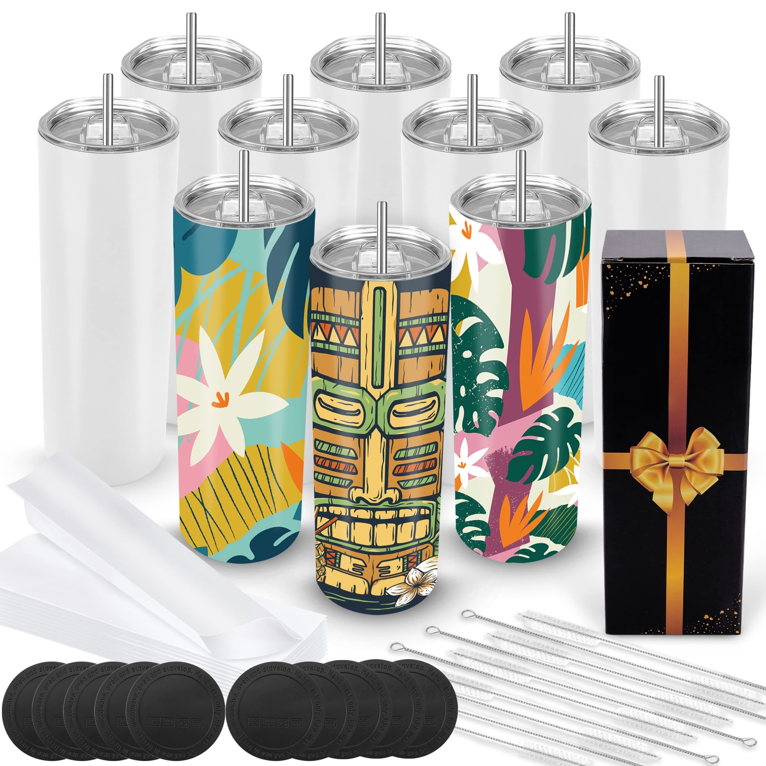 Joyclub Sublimation Tumblers 20 oz 10 Pack Sublimation Blanks Skinny Straight Tumblers Bulk Stainless Steel Insulated Sublimation Tumbler with Lids and Straw, Gift Box