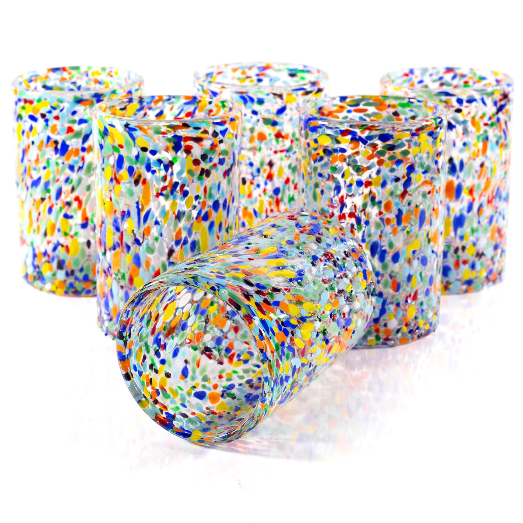 14 oz Highball Mexican Style Drinking Glasses, 6 Piece Set, Mexican Style Glassware Confetti Rock Multi Colored Custom Style Blown Glass Drinkware Set