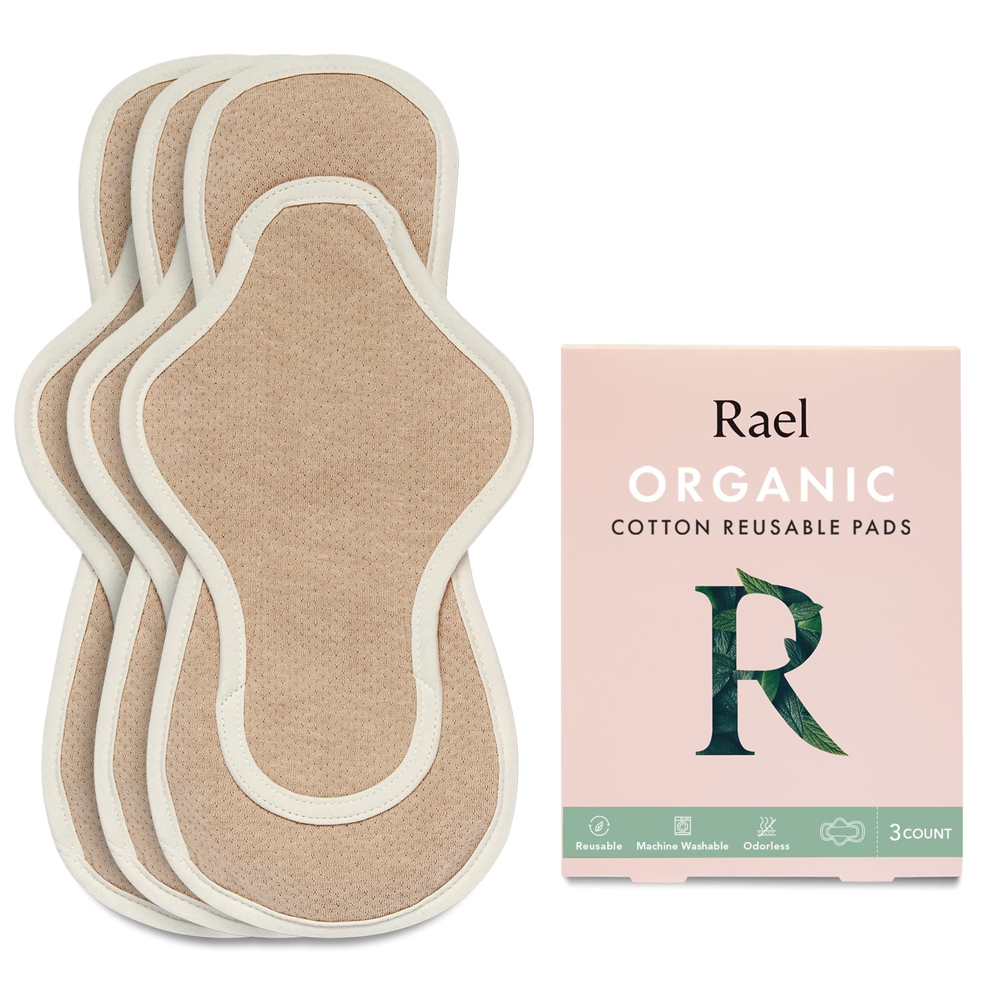Rael Reusable Pads, Organic Cotton Cover Pad - Postpartum and Period Essential, Heavy Absorbency, Thin Cloth, Leak-Free, Washing Machine Safe (3 Count, Large)