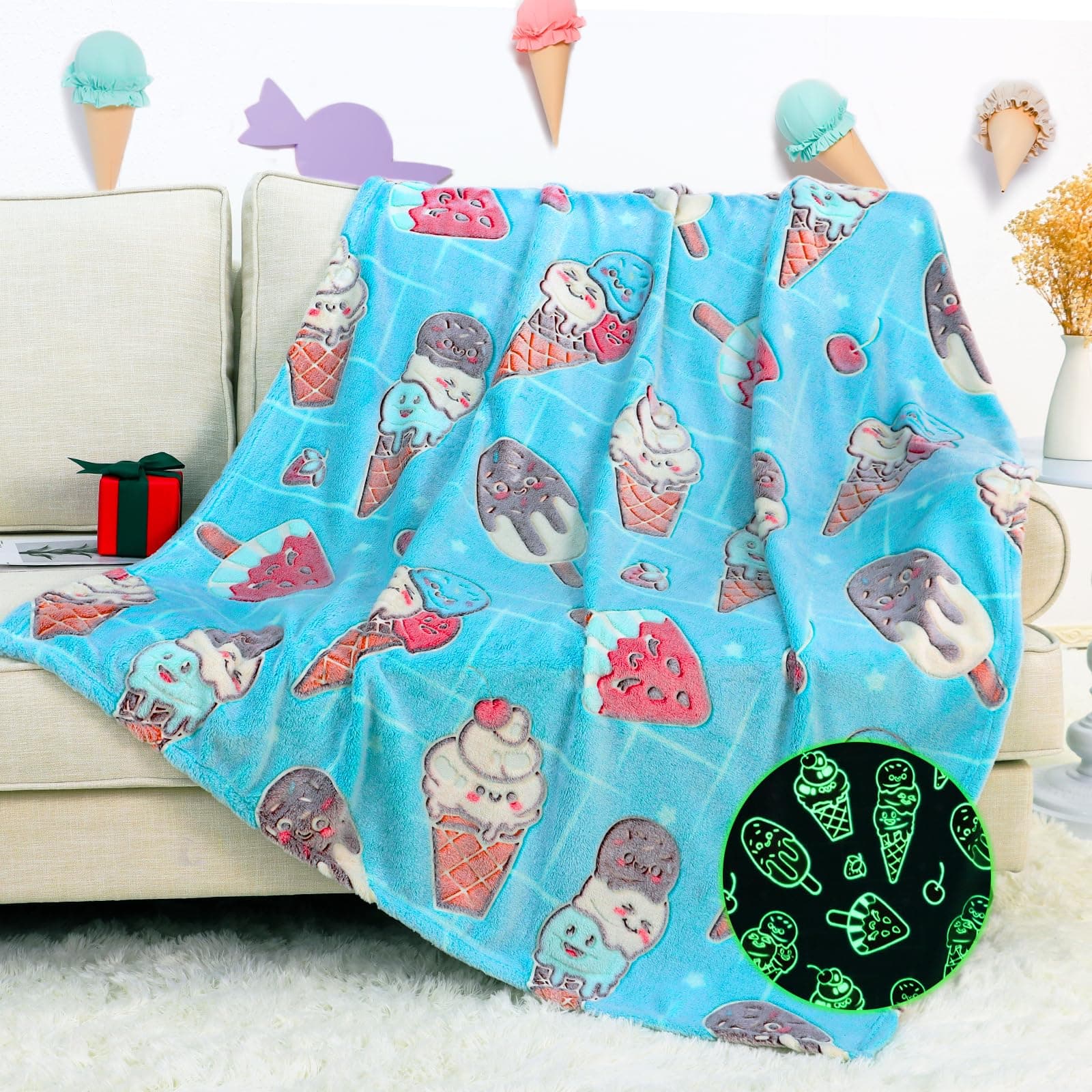 Glow in The Dark Ice Cream Blanket Blue Throw Blanket Food Blanket Unique Birthday Gifts for Girls Teens Kids Funny Blankets for Couch Sofa Bed