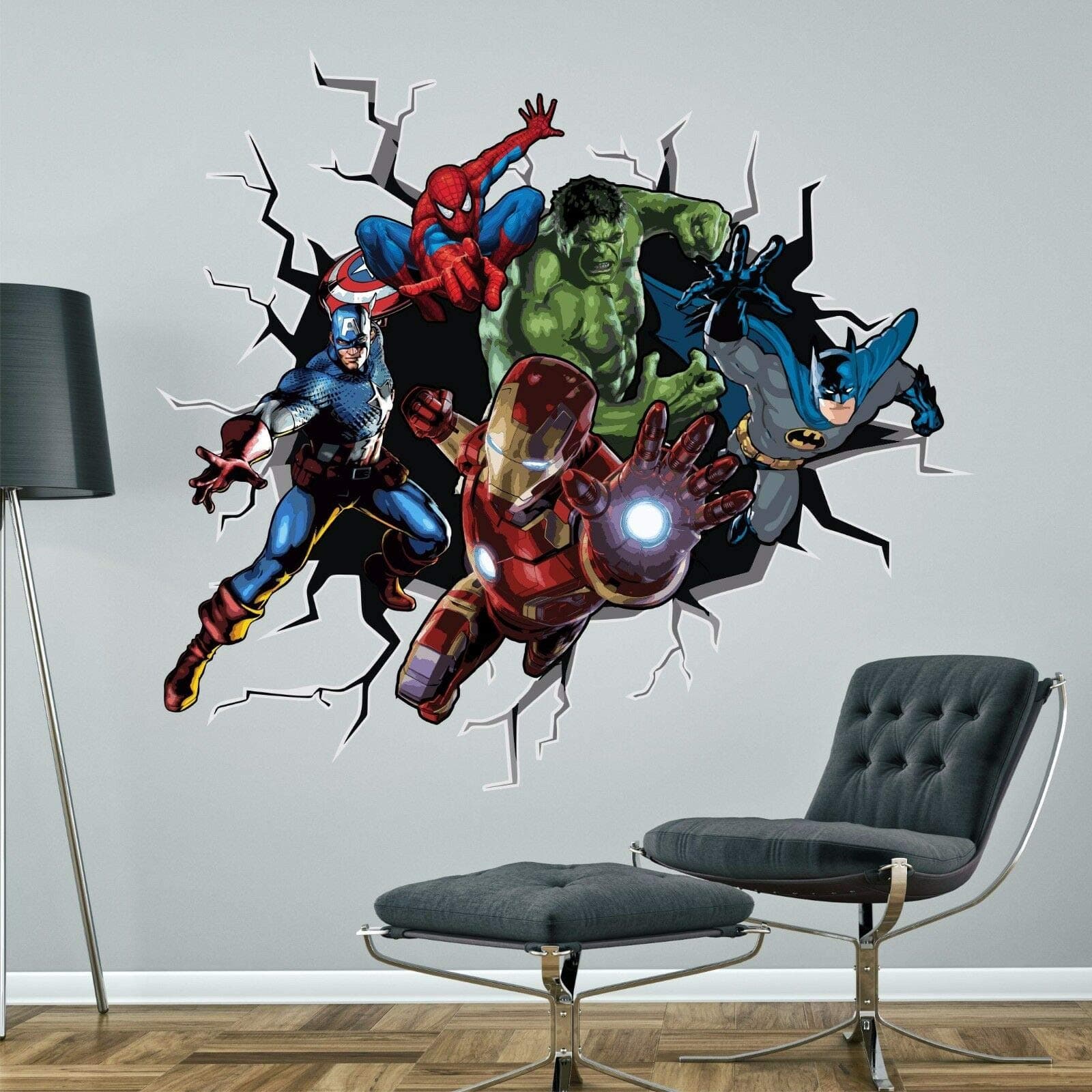 Superheroes Breaking Through Wall Sticker Hulk Spiderman Captain America Ironman Marvel Decal Mural (Large - 118cm high x 130cm Wide)