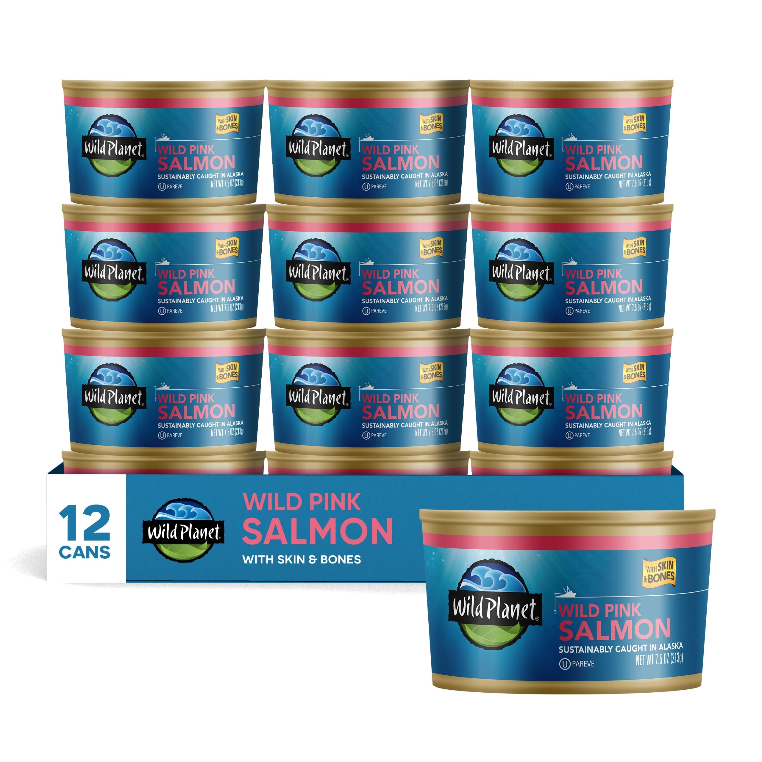 Wild Planet Wild Pink Salmon With Skin and Bones, Tinned Fish, Canned Salmon, Sustainably Wild-Caught, Non-GMO, Kosher, Gluten Free, Keto and Paleo, 7.5 Ounce (Pack Of 12)