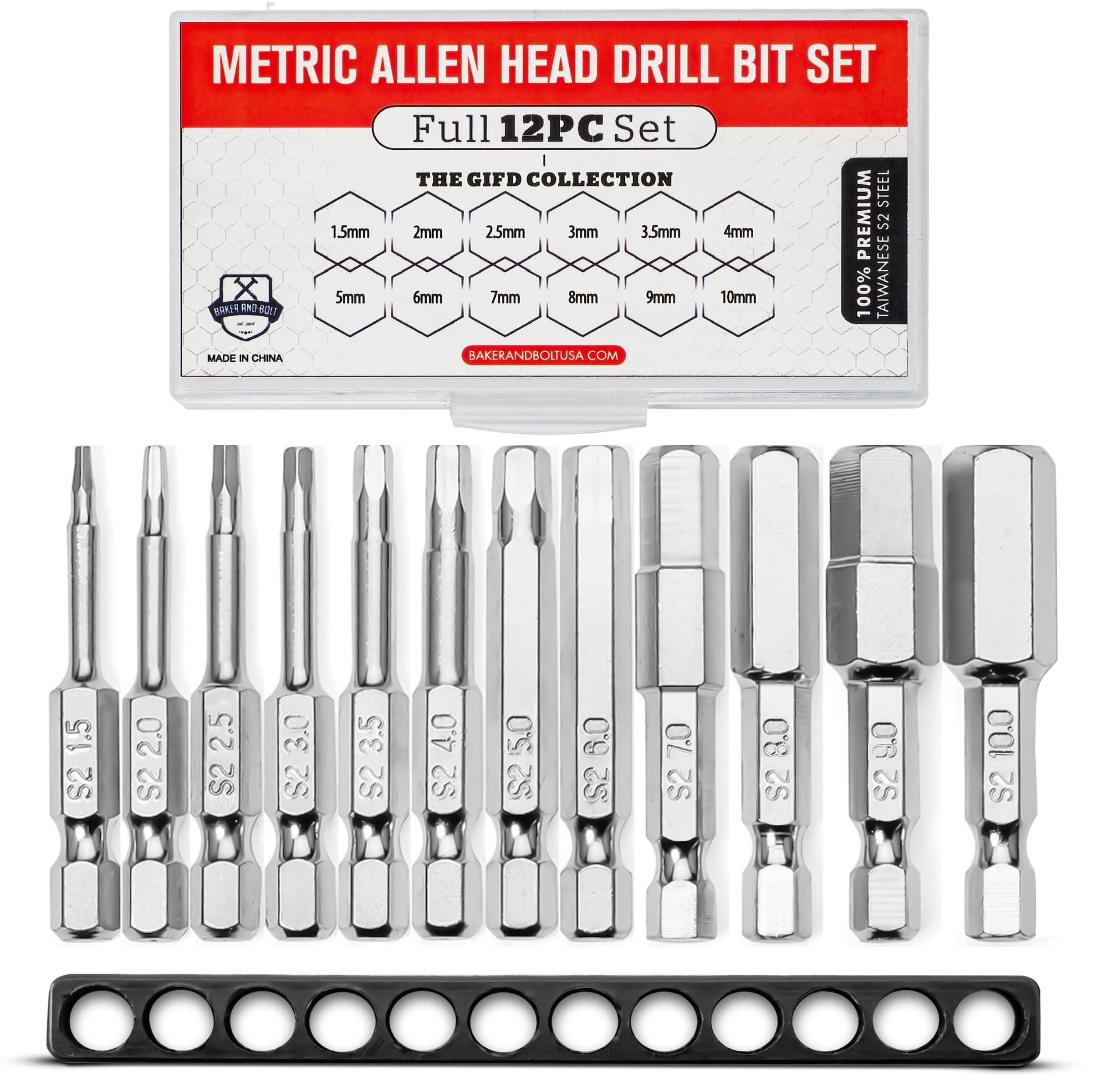 Metric Allen Wrench Drill Bit Set - Premium 12pc Complete SAE Set w/Storage Case and Bit Holder - 1.5mm - 10mm 1/4in Hex Shank Magnetic Bit Set - The GIFD Collection S2 Steel Long 2in drive heads