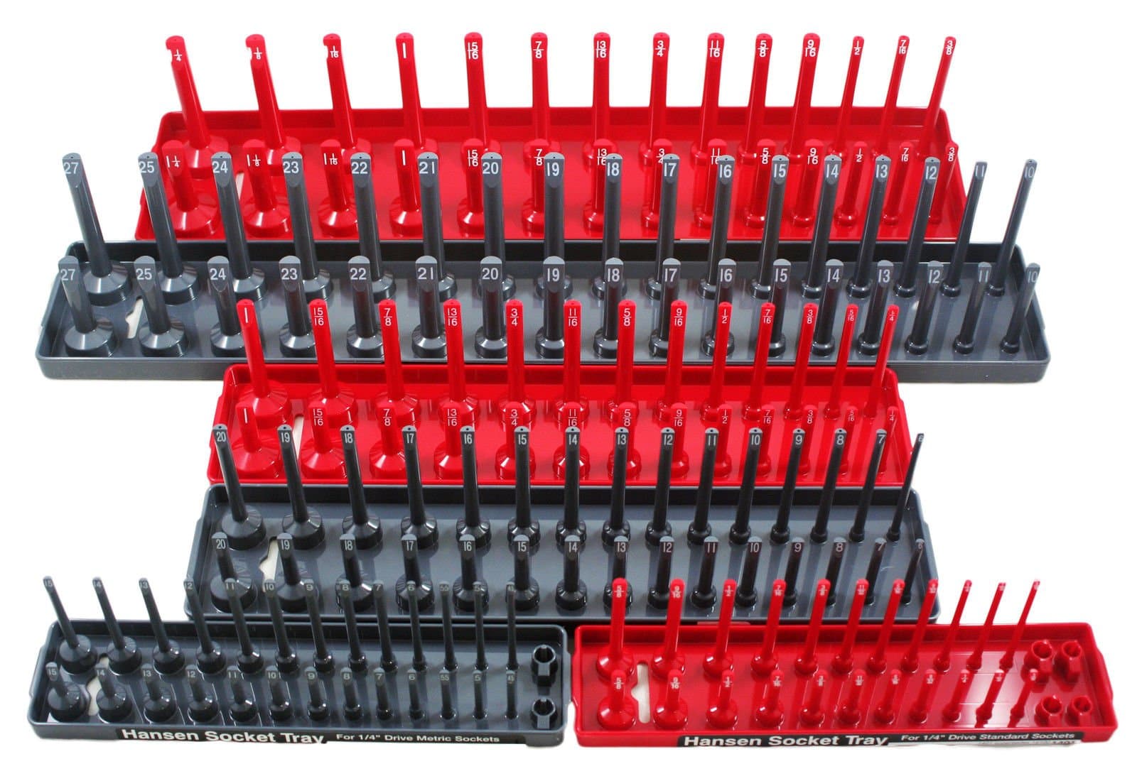 HansenGlobal 92000 SAE & Metric, 2-Row Socket Tray Set - 6-Pieces, Red & Grey