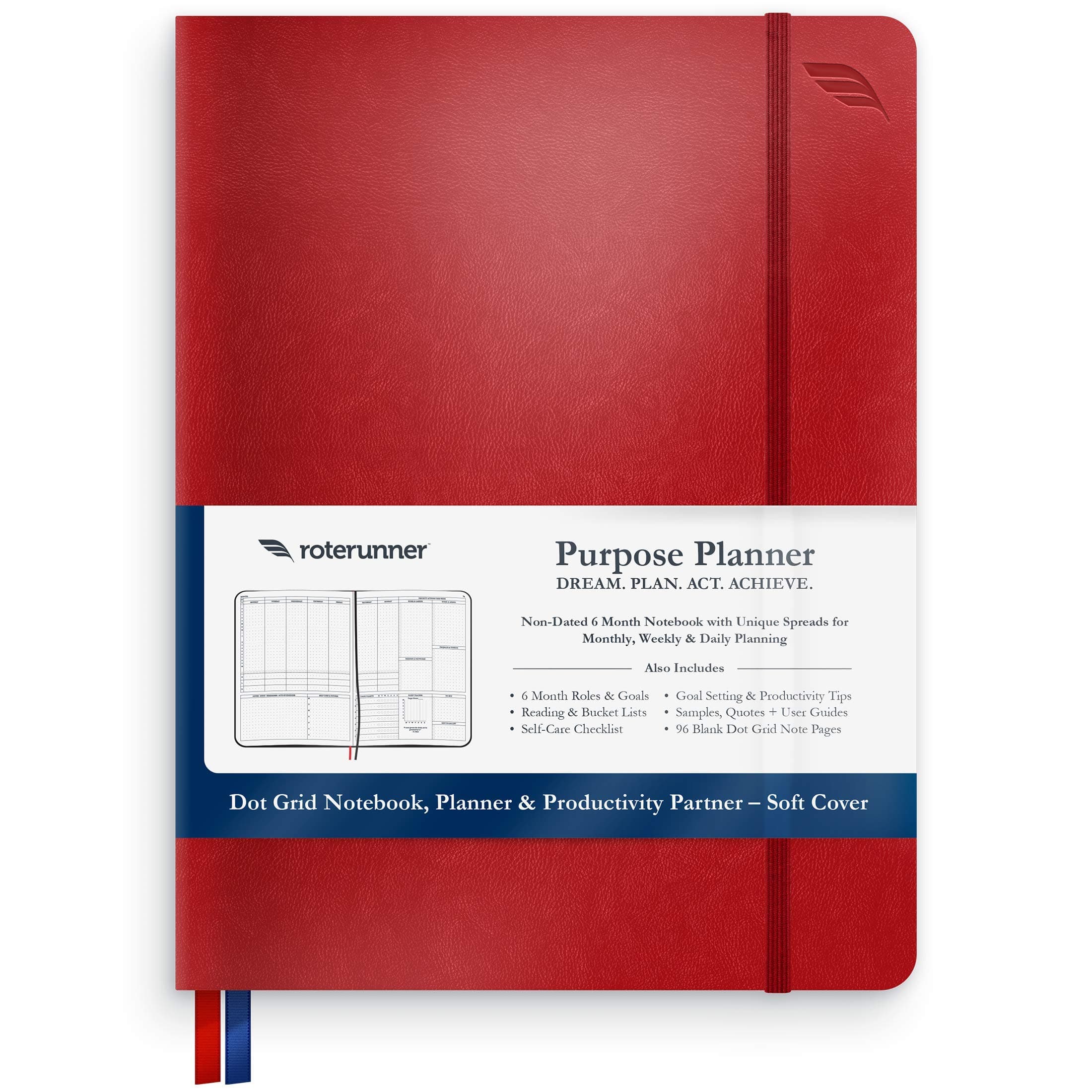 Purpose Planner by Roterunner Non-Dated Life Organizer, Notebook, Coach - Gain Clarity, Prioritize Effectively, Boost Productivity, Live Your Best Life - Soft Cover Journal 7.75" x 9.75" (Red)