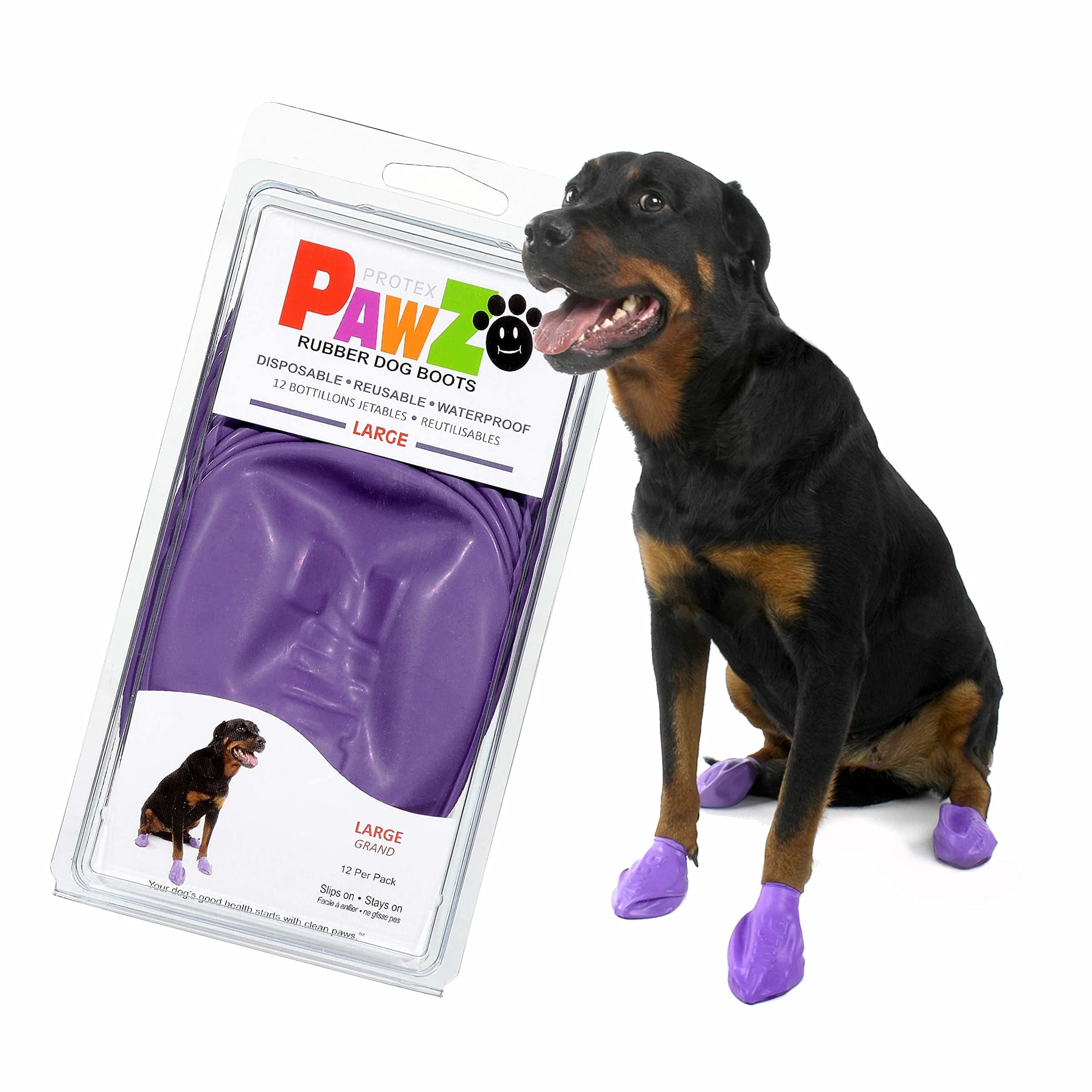 PawZ Rubber Dog Boots for Large Paws - All-Weather Waterproof Dog Shoes, Anti-Slip Traction for Rain, Snow, Mud & Hot Pavement - Pull-On Dog Booties, Purple - Large (3"- 4") - Pack of 12