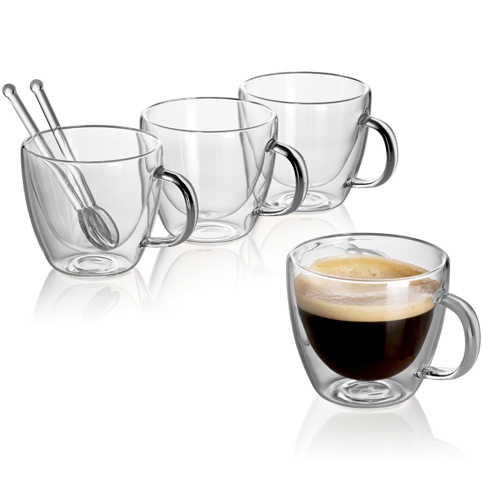Jecobi(R) Cafecito Extra-Strong Double Wall Insulated glasses Espresso Mugs Set of 4, 5.2 OZ | 150ML plus 2 Mini Coffee Spoon ( glass )