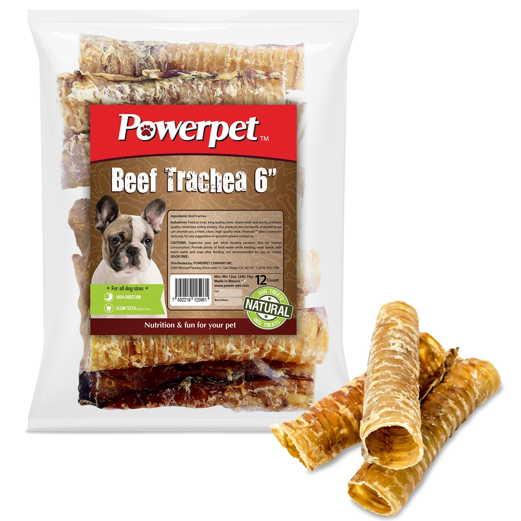 Powerpet Beef Trachea Dog Chew - 100% All Natural & Highly Digestible - Low Fat, Protein-Rich Treat - Ideal for All Breed Sizes - Healthy, Tasty, and Long-Lasting - for Teeth & Gum Health - Pack of 12