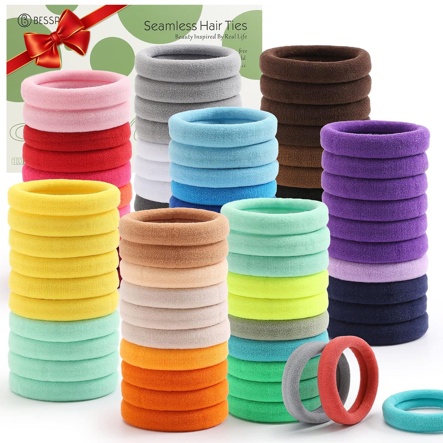 Bessrung 100PCS Elastic Hair Ties, Seamless Hair Band, Ponytail Holder No Crease Damage, Cotton Bands, Hair Scrunchies for Thick Thin Hair, Hair Accessories for Women