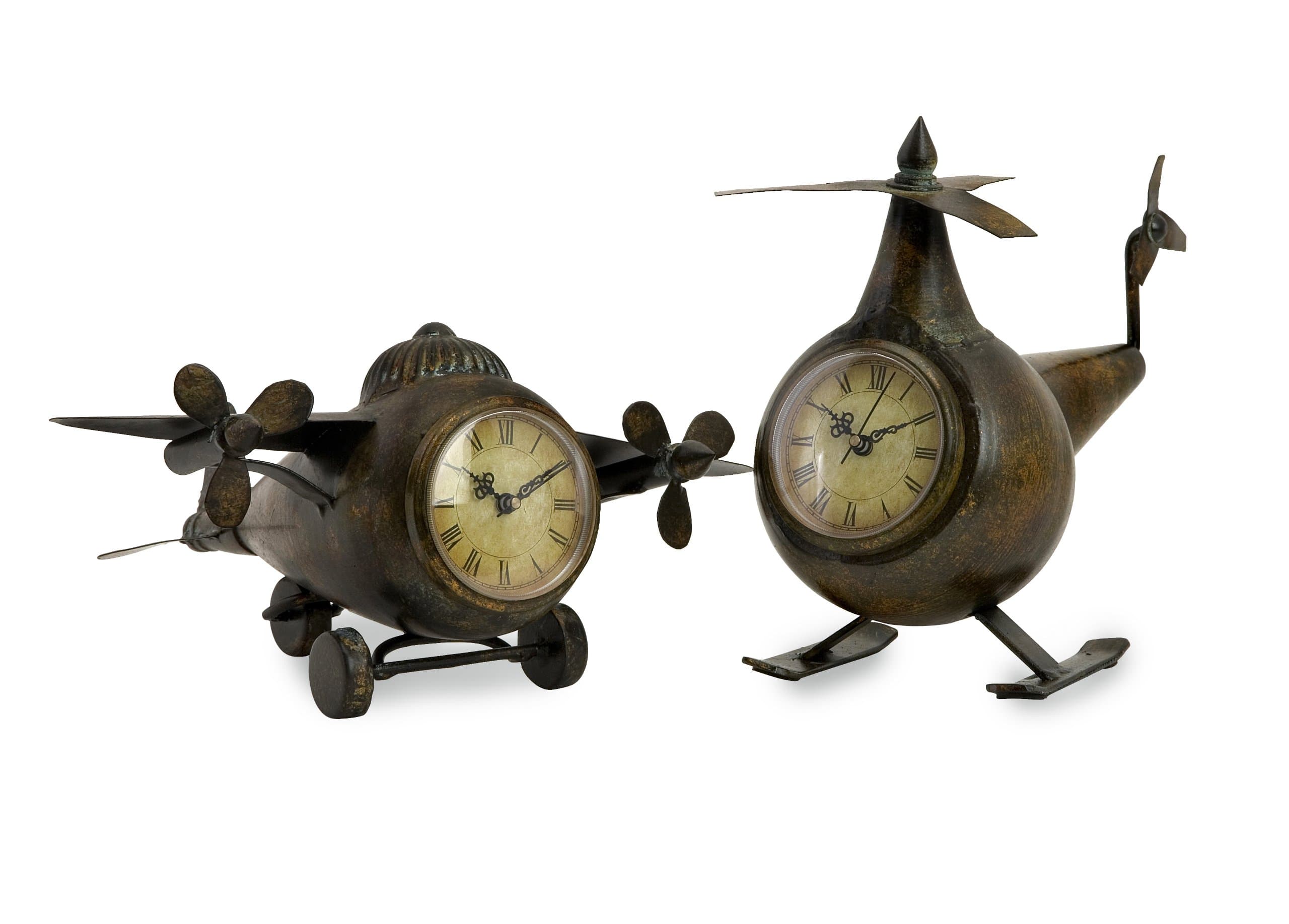 Antique Finish Vintage Body Style Airplane and Helicopter Sculptural Table Mantle Clock - Set of 2