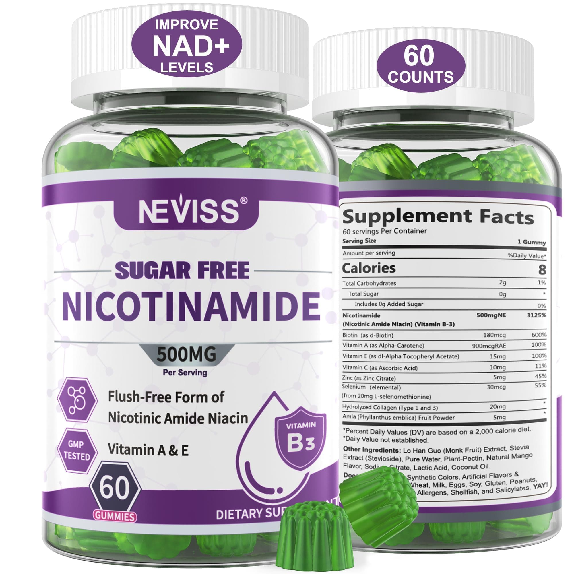 Nicotinamide 500mg Gummies, (Flush Free Niacin) Vitamin B3 Niacinamide Supplement for Cell Regeneration, NAD+ Levels, Anti-Aging, Cellular Energy, Focus & DNA Repair, Longevity, Sugar Free, 60Cts
