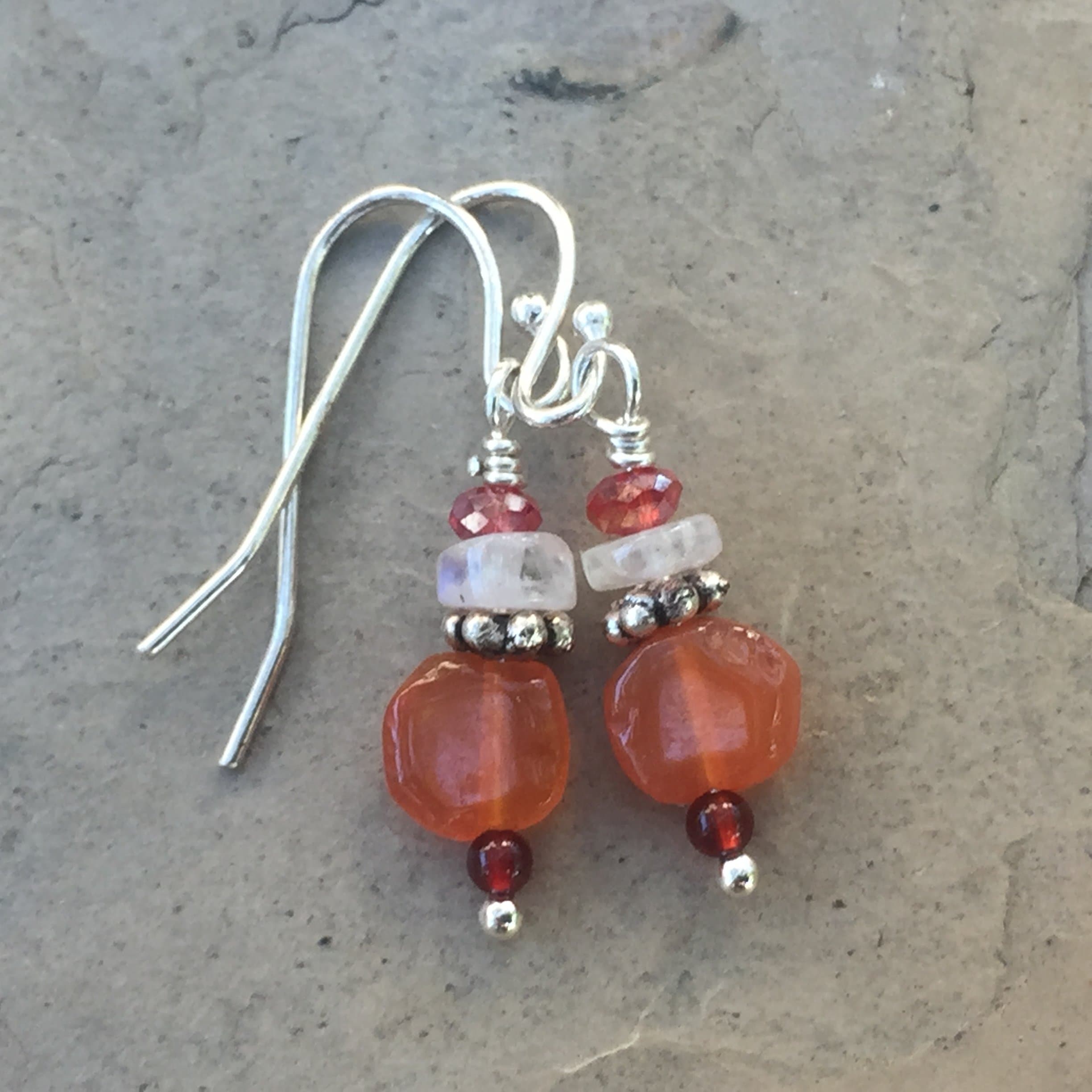 Carnelian, Moonstone and Pink Crystal Earrings with Sterling Silver