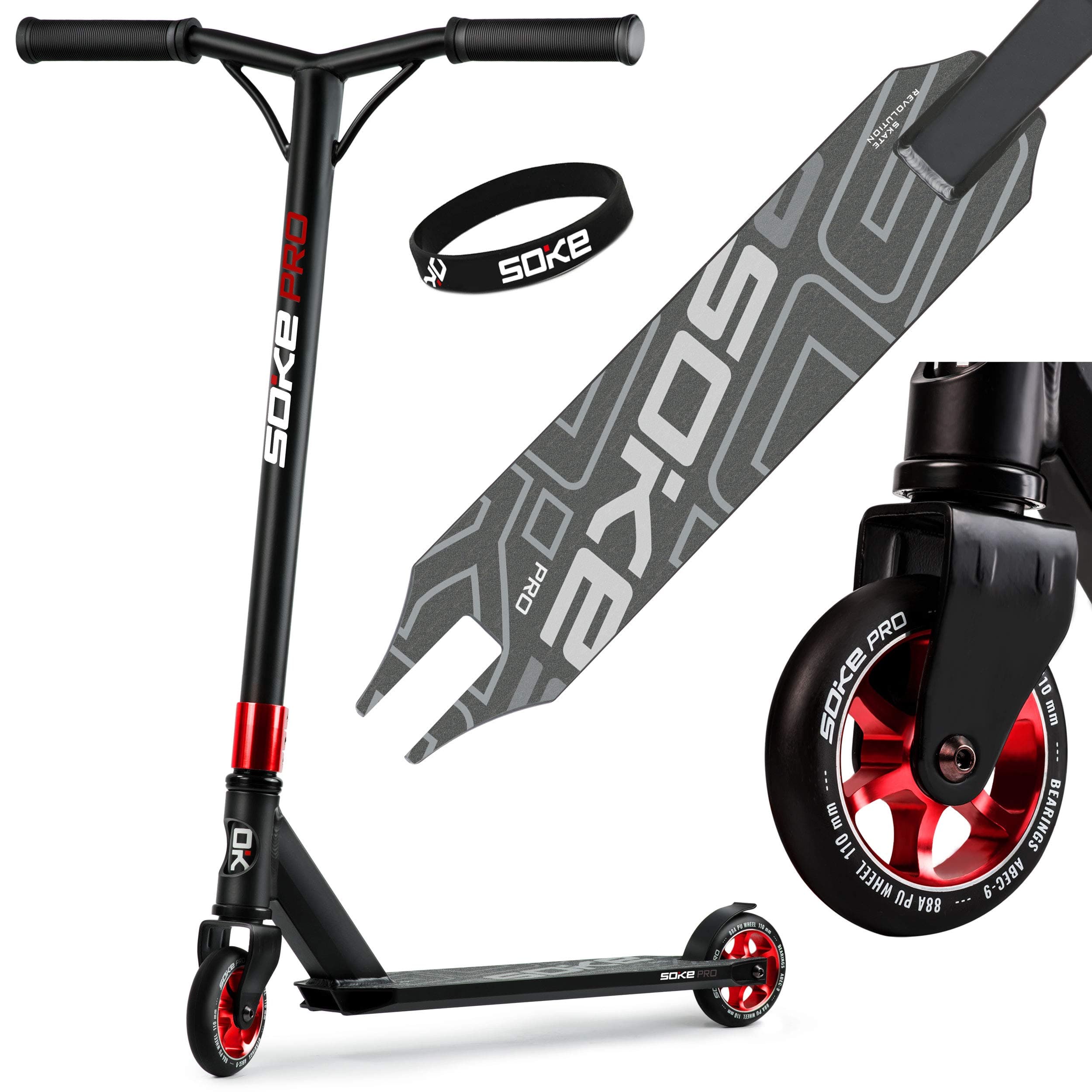 SOKE Stunt Scooter PRO Kick Scooter with ABEC 9 Ball Bearings, Scooter Trick Scooter for Adults and Children, Two Wheels, Freestyle City Scooter, 2 Wheels, Load Capacity 100 kg (Black/Red)