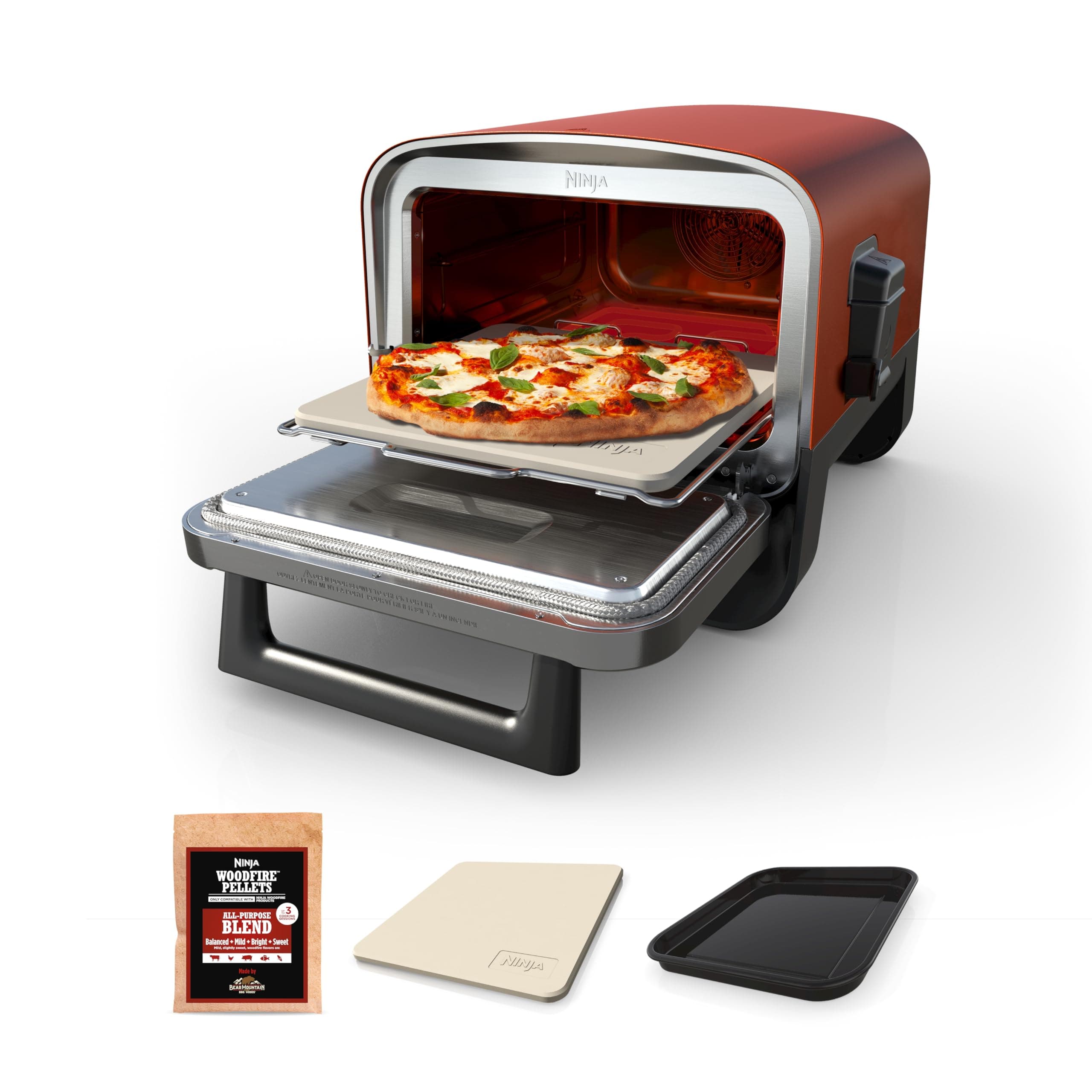 Woodfire Outdoor Pizza Oven, 8-in-1 Portable Electric Roaster Oven, Heats up to 700°F, 5 Artisan Pizza Settings, Integrated BBQ Smoker Box, Includes Flavored Wood Pellets, Terracotta Red