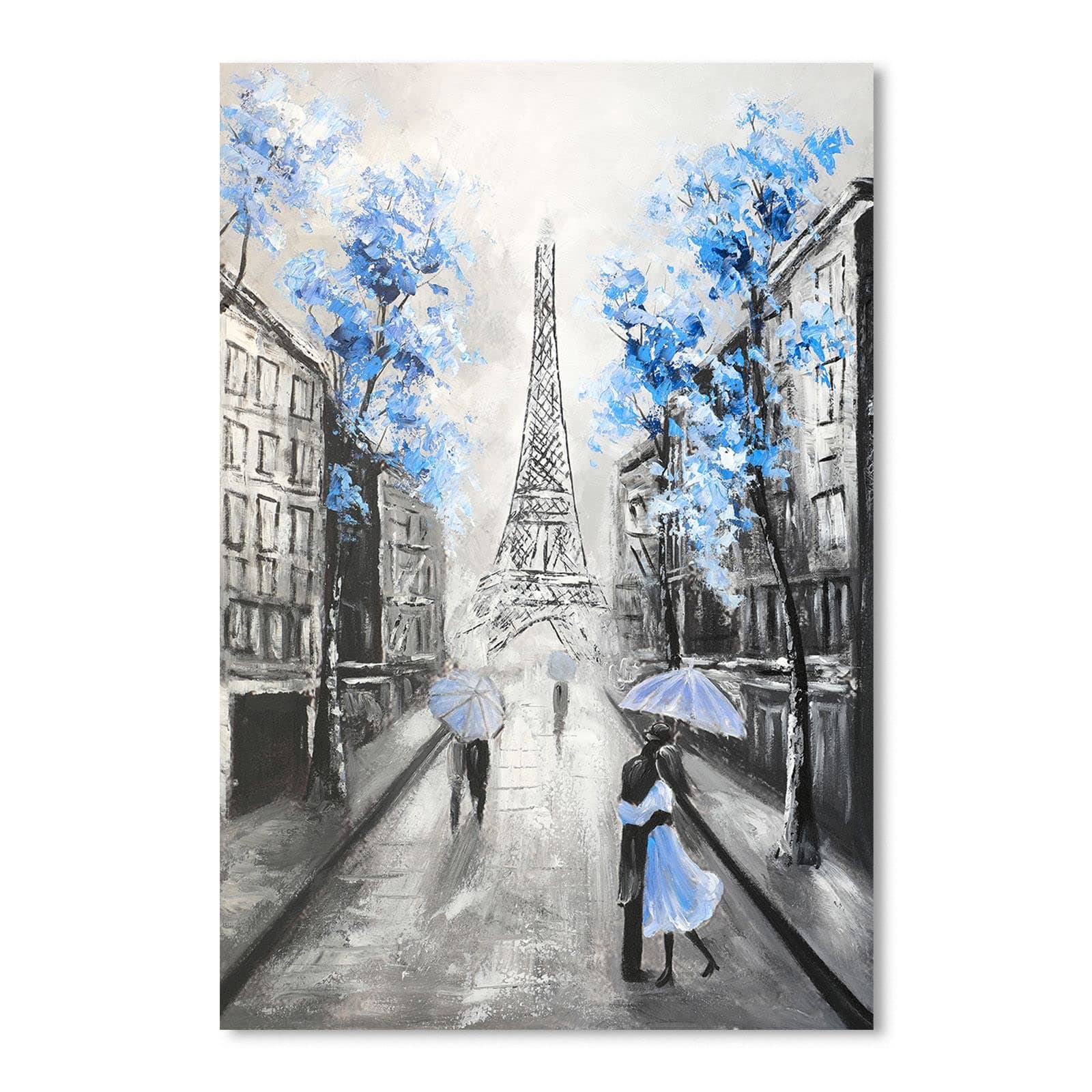 YPY Blue Floral Paris Canvas Wall Art: Blue Flower Grey Eiffel Tower Picture for Bathroom Decor, Painting Textured Street Scenery Print Modern Artwork Home Decoration 10 x 15