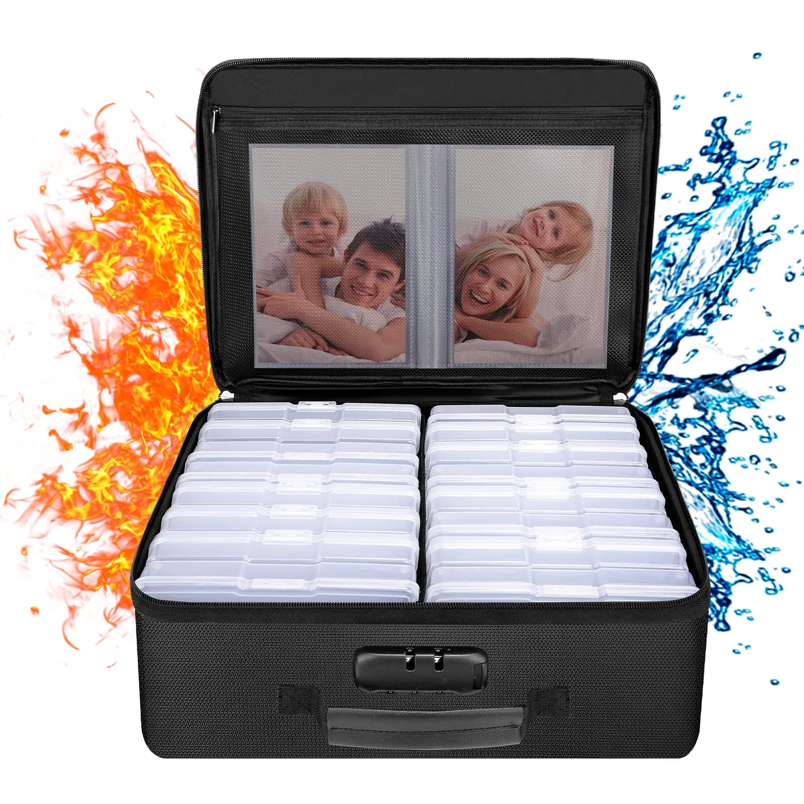 ENGPOW Fireproof Photo Storage Box with 16 Inner 4" x 6" Photo Case(Clear),Photo Box Organizer with Lock,Collapsible Portable Photo Storage Containers with Handle for Photos,Picture,Valuables