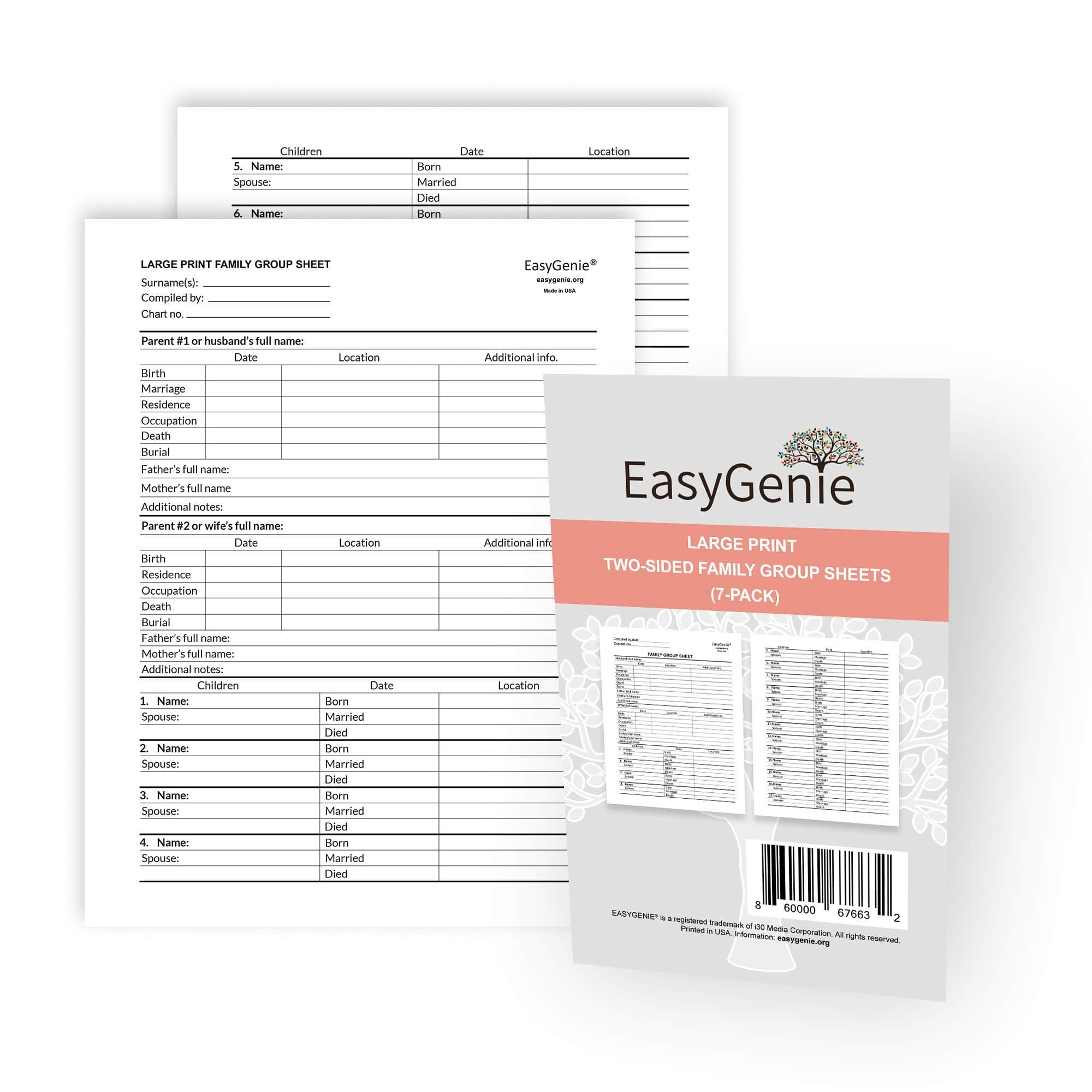 LARGE PRINT Two-Sided Family Group Sheets for Genealogists (7-pack) by EasyGenie | Archival-Quality Genealogy Forms