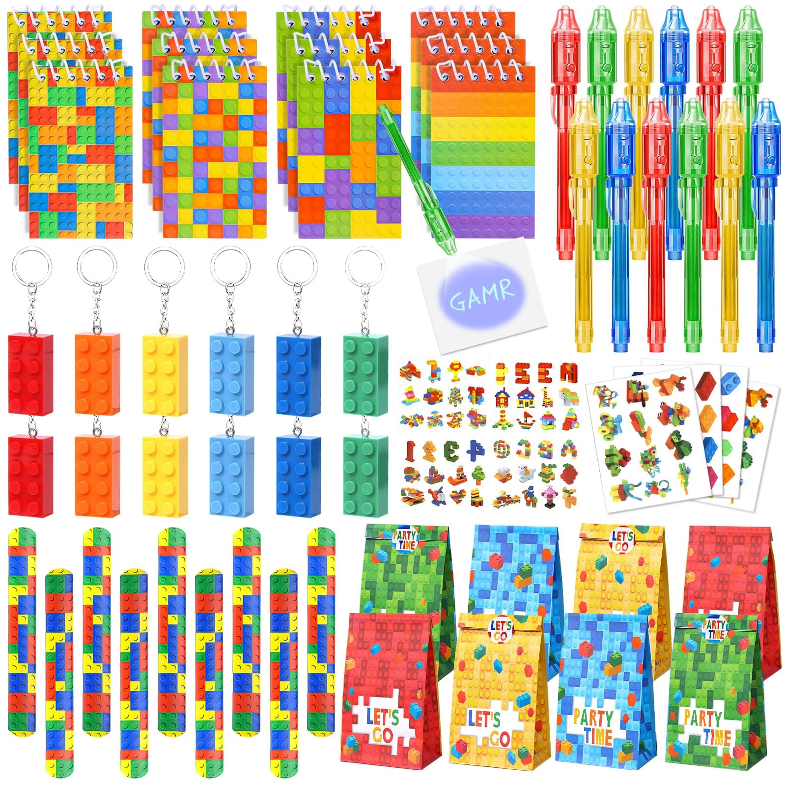72pcs Kids Party Bag Fillers Building Block Party Favours Invisible Ink Spy Pen Notebook Keychain Bracelet Tattoo Treat Pinata Goodie Gift Bag Fillers for Kids Boys Birthday Party Supplies