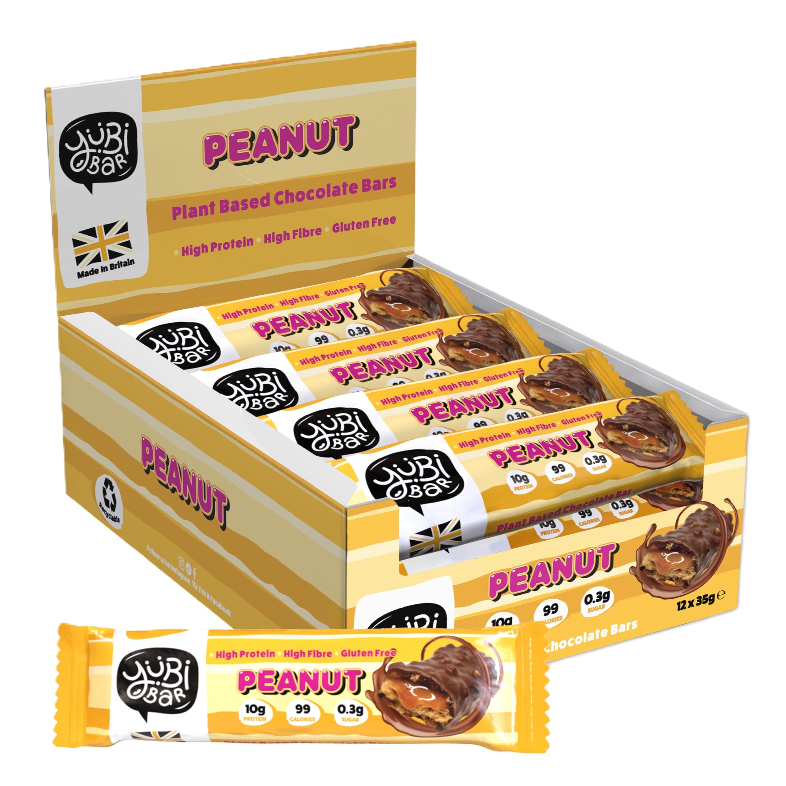 YuBi Peanut - 12 Pack - Protein Bars - 99 Calories, High Protein, High Fibre, Low Sugar, Gluten Free and Dairy Free - Healthy Snacks/Nutrition Bar - Chocolate Bars - 420g