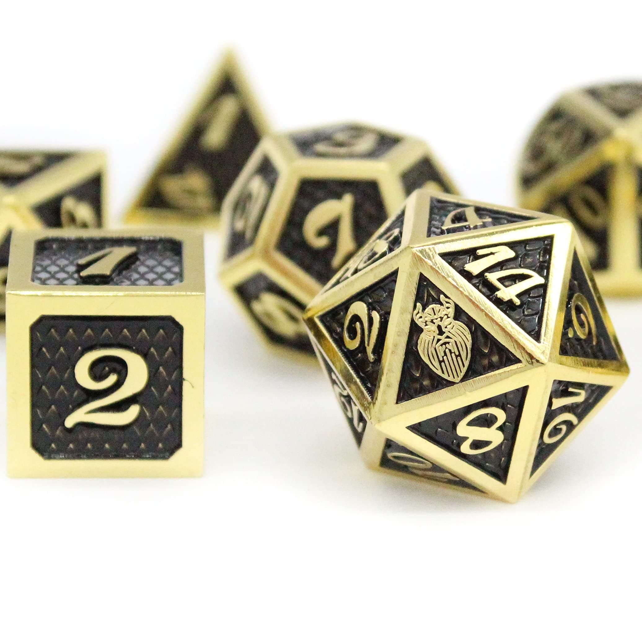 HEIMDALLR D&D Metal Dice Set - 16MM+ 7 PCS - Dragon Scale Polyhedral Design with Metal DND Dice Box & Bag for Dungeons and Dragons RPG - with Oversized D20 - Jormungandr Series (Stormmaker)