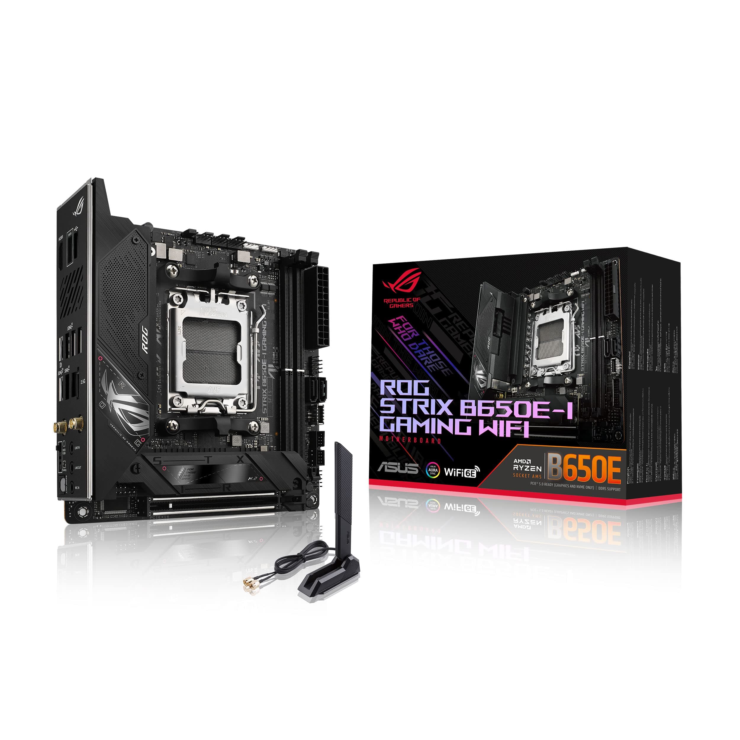 ROG Strix B650E-I Gaming WiFi AMD Ryzen AM5 mini-ITX motherboard, 10 + 2 power stages, DDR5, two M.2 slots, PCIe 5.0, 2.5G LAN, WiFi 6E, USB 3.2 Gen 2x2 Type-C port, and Aura Sync RGB lighting