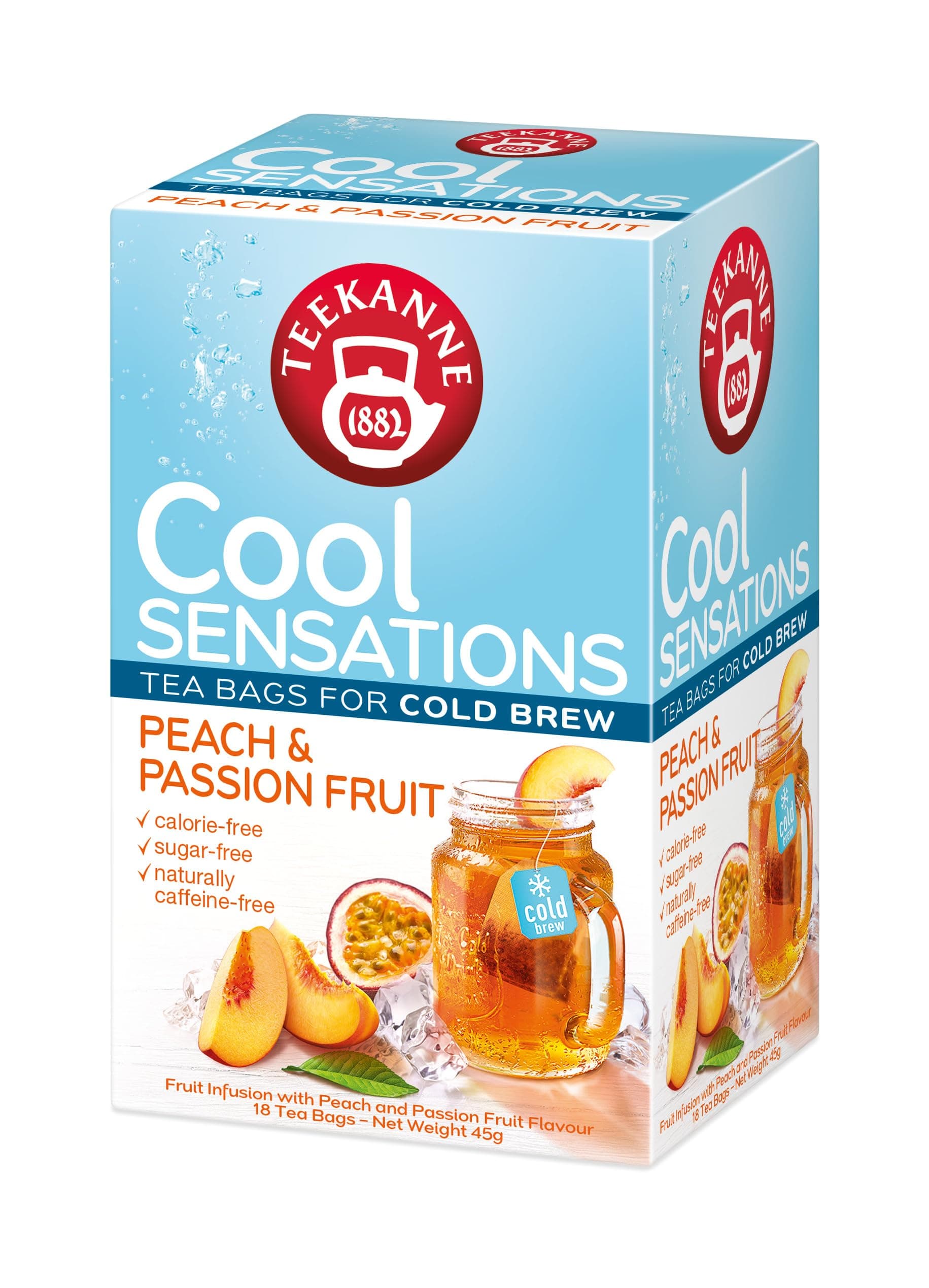 Teekanne Peach & Passion Fruit Cold Brew Tea Infusion Ice Cool Sensations All Natural Real Fruit with Apple, Rosehip, Hibiscus 18 Teabags