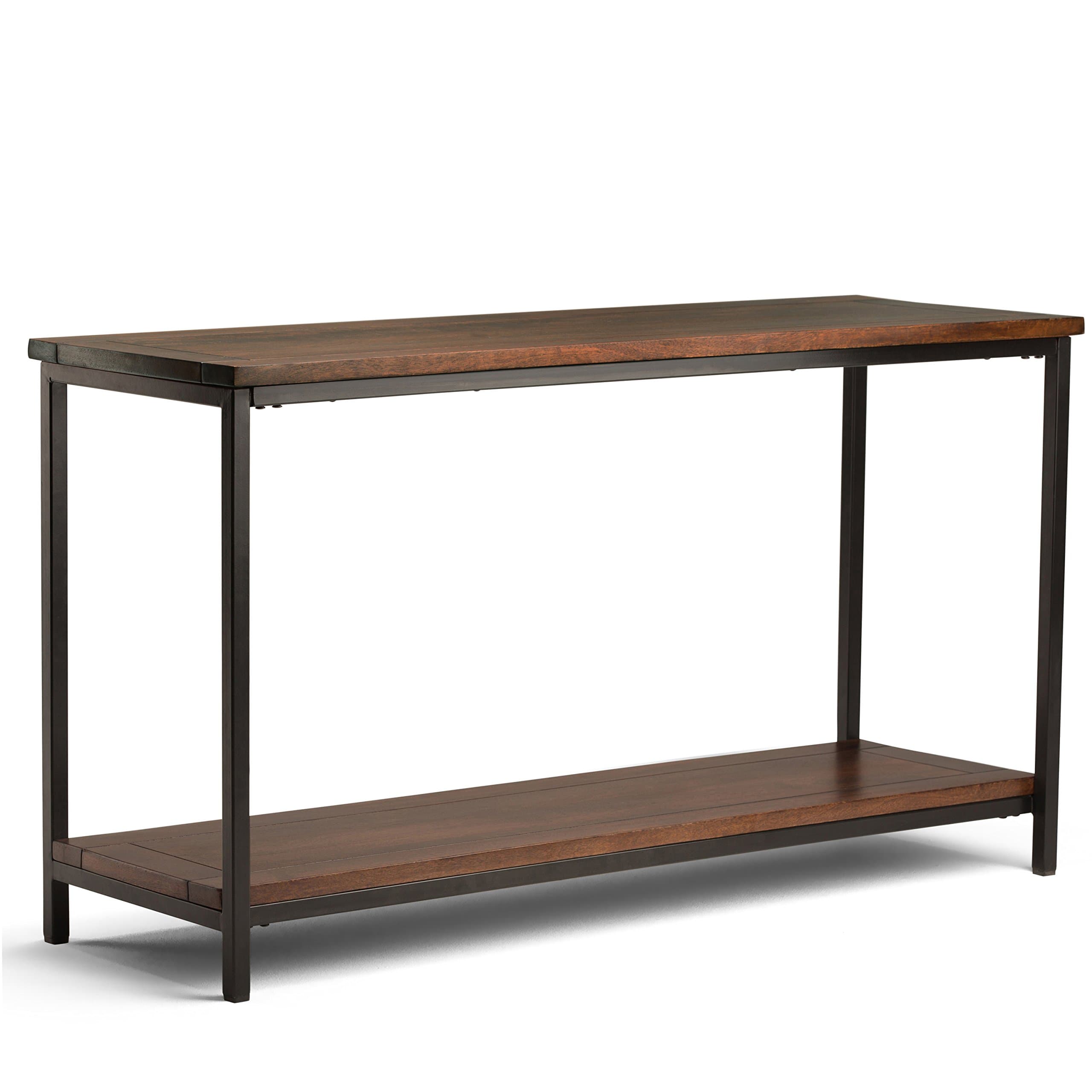 SIMPLIHOME Skyler SOLID WOOD and Metal 54 inch Wide Modern Industrial Console Sofa Entryway Table in Dark Cognac Brown with Storage, 1 Shelf, for the Living Room, Entryway and Bedroom
