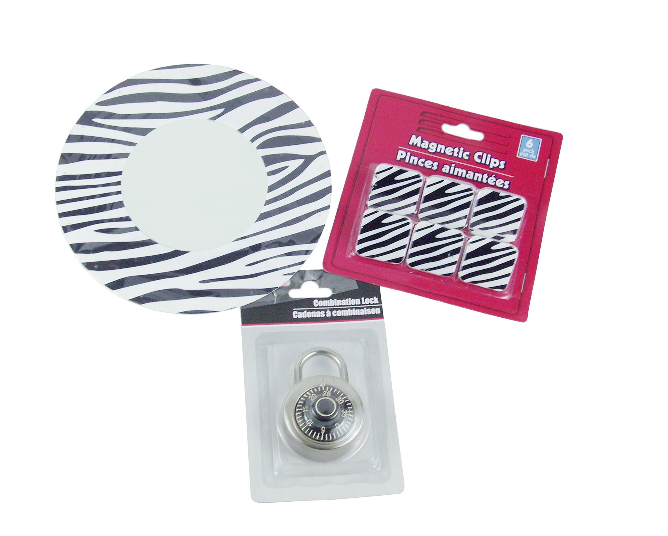 Girls Back to School Locker 3-Piece Set - Magnetic Mirror, Combination Lock, Magnetic Clips (Zebra Strips)