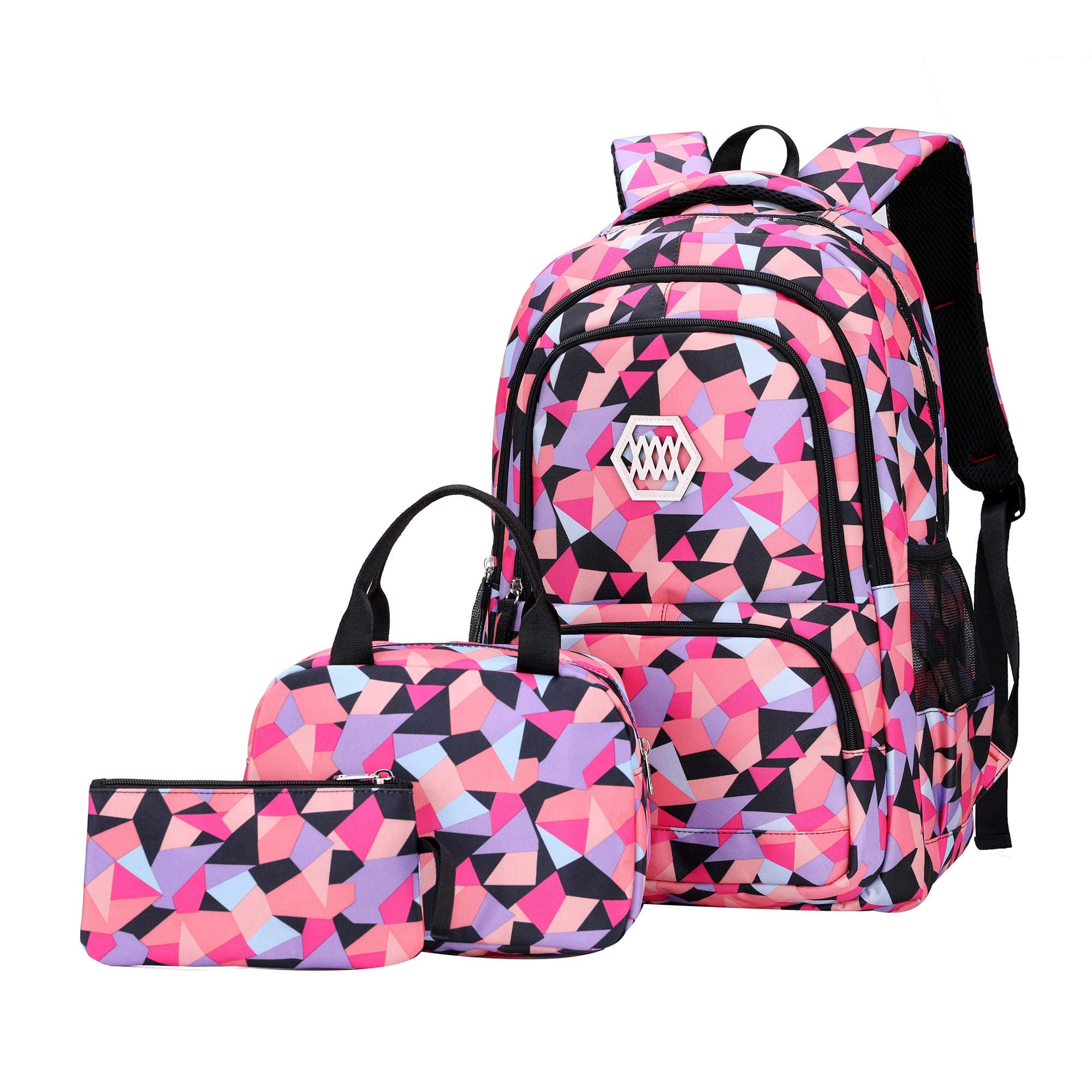 Girl Geometric Printed Primary Junior High University School Bag Bookbag 3pcs Backpack Sets(2# Black-3pcs,35 L)