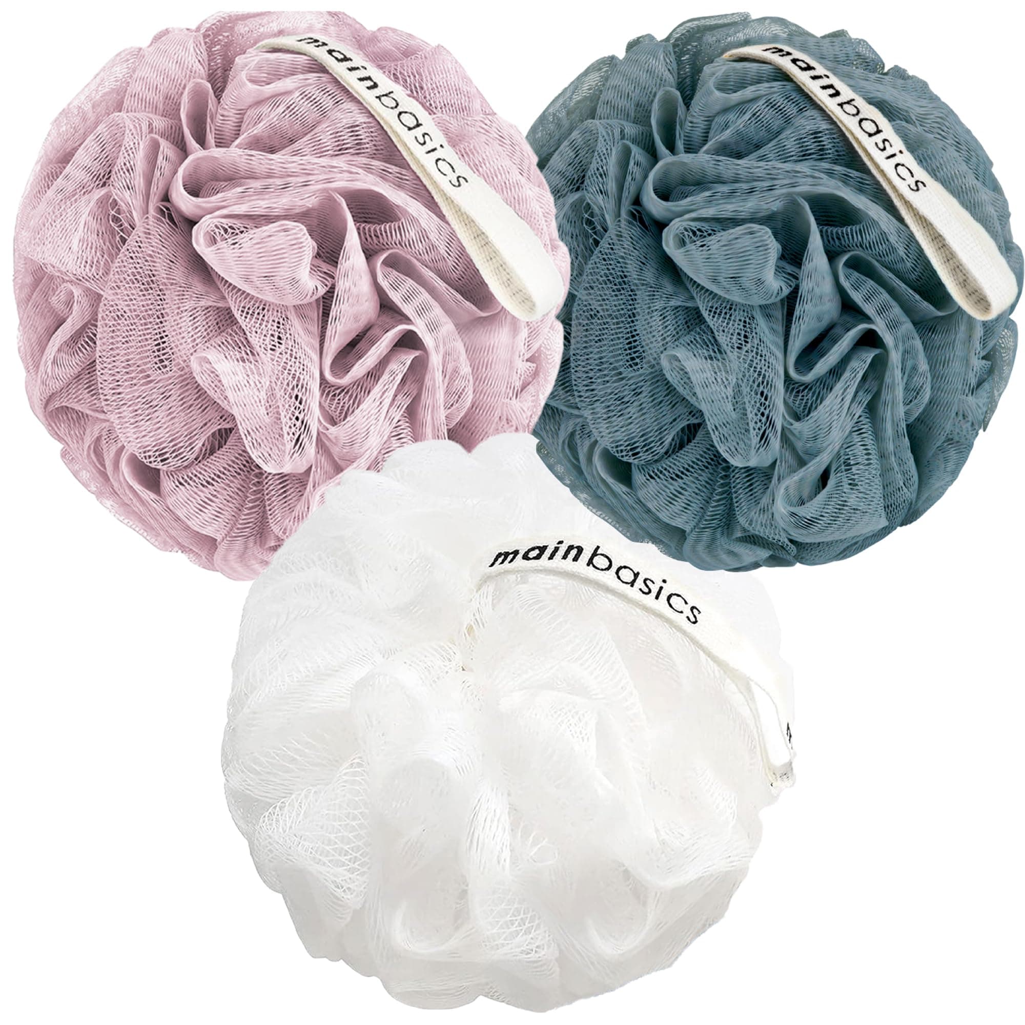 MainBasics Bath Shower Loofah Sponge Pouf Body Scrubber Exfoliator (Set of 3) Dark Gray, Rose Pink, White