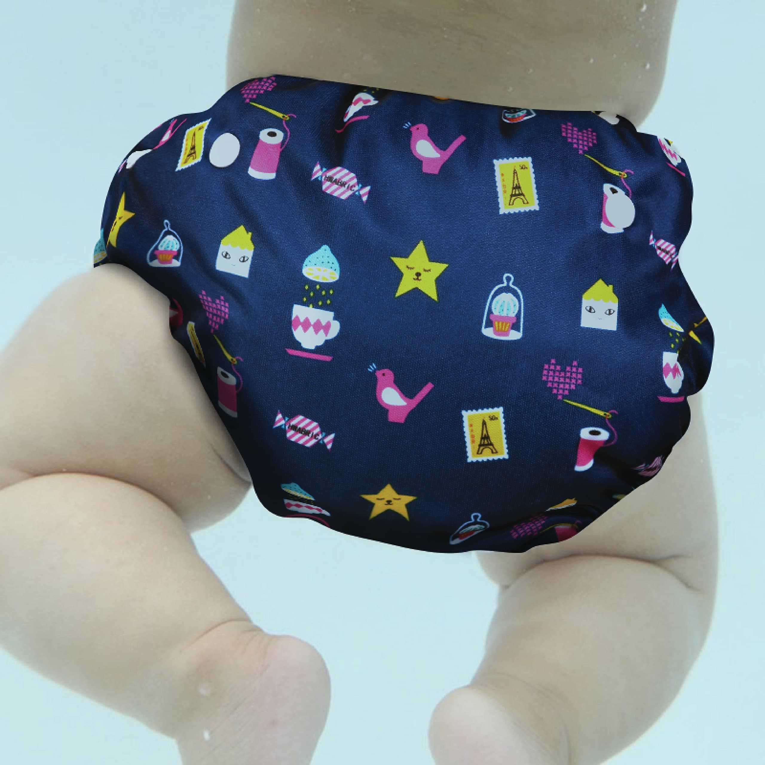 Polka Tots Premium Reusable Swim Diapers – Waterproof, Adjustable Baby Swimwear for Pool & Beach Use (Multi Print, 2-12 M)