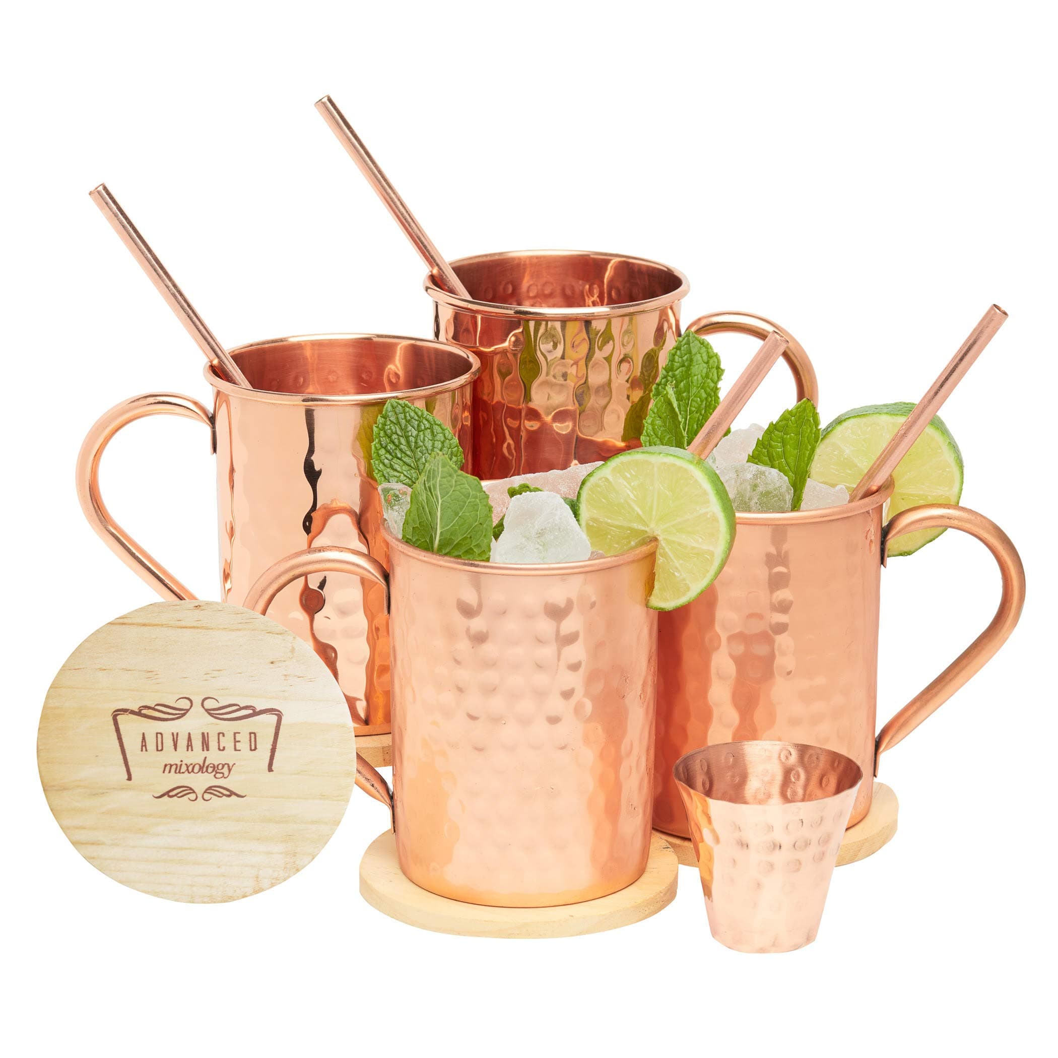 Advanced Mixology Moscow Mule Gift Set Pure Copper 1/2 Pound Mugs (Set of 4)- 16 Ounce with 4 Artisan Hand Crafted Wooden Coasters-Classic