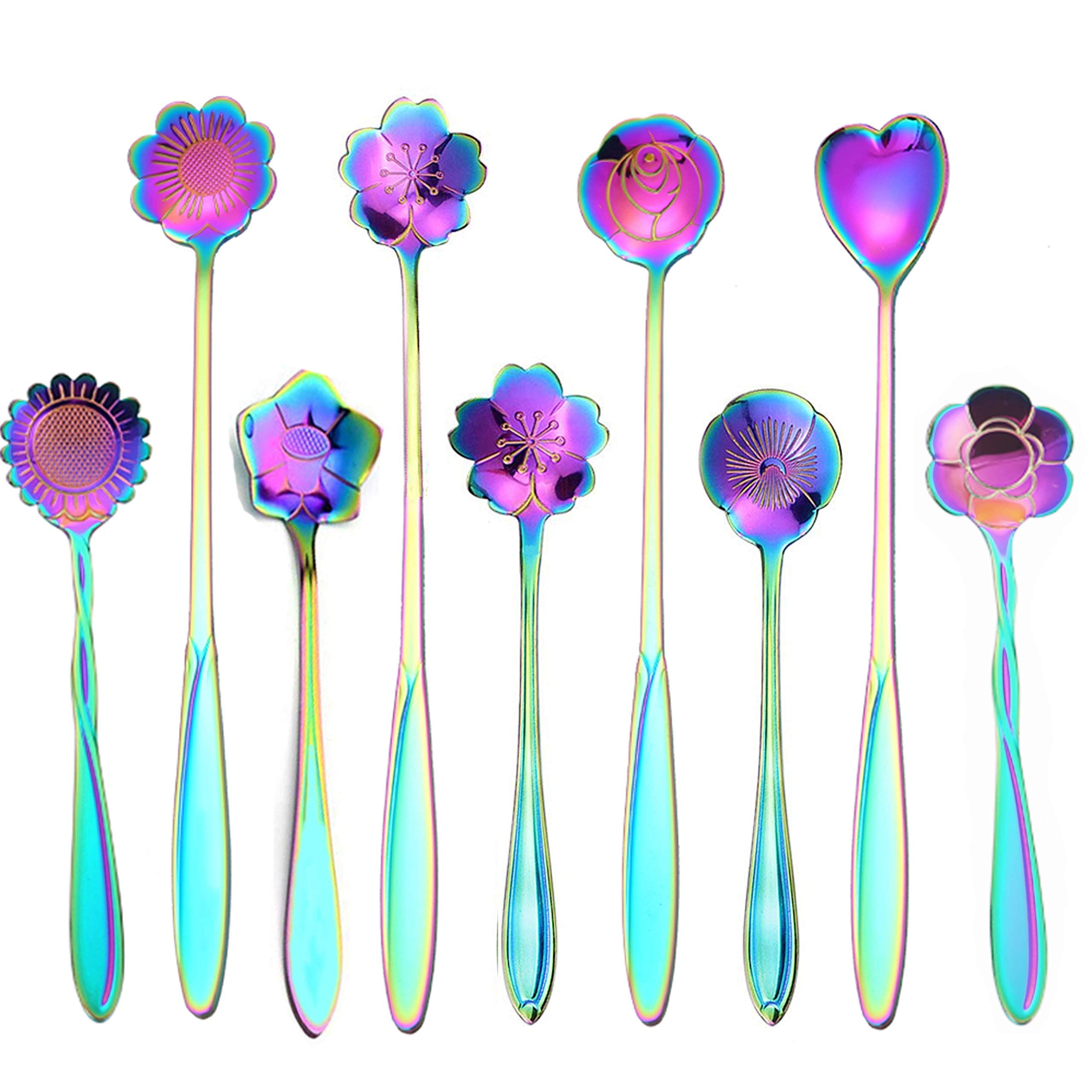 9 Pcs Flower Spoon Coffee Teaspoon Set, ESRISE Stainless Steel Tea Spoon for Tea Party Decorations (Multi)