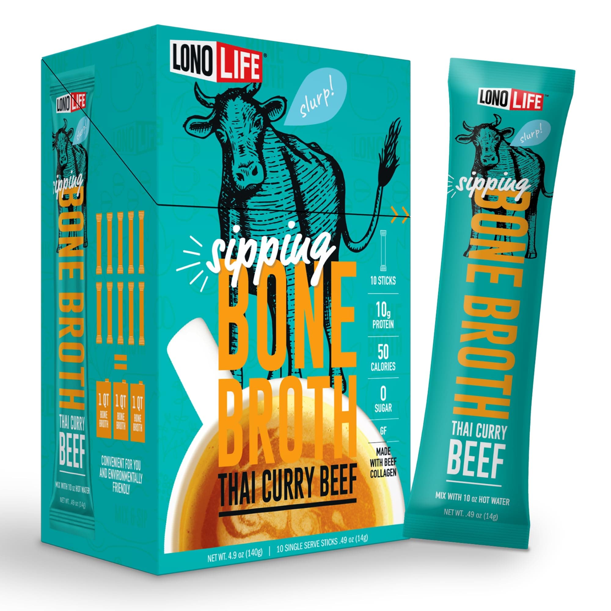 Thai Curry Beef Bone Broth Powder Mix | Grass-Fed, 10g Protein | Collagen-Rich, Keto & Paleo Friendly | Natural Ingredients | 10 Portable Stick Pack Servings