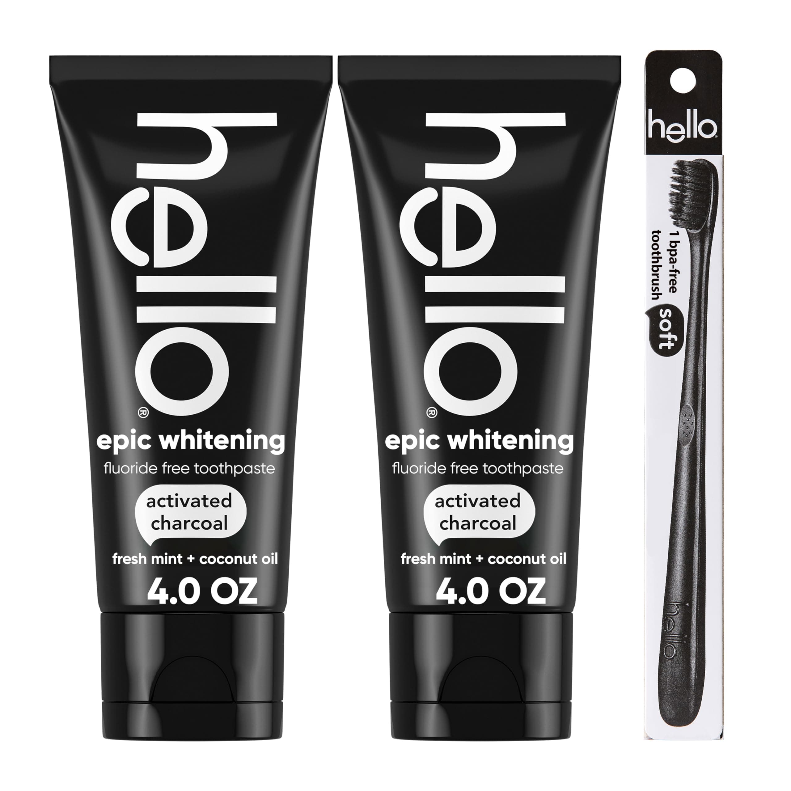 Activated Charcoal Epic Teeth Whitening Fluoride Free Toothpaste and Toothbrush, Fresh Mint and Coconut Oil, Vegan, SLS Free, Gluten Free and Peroxide Free, 4 Ounce (Pack of 2)