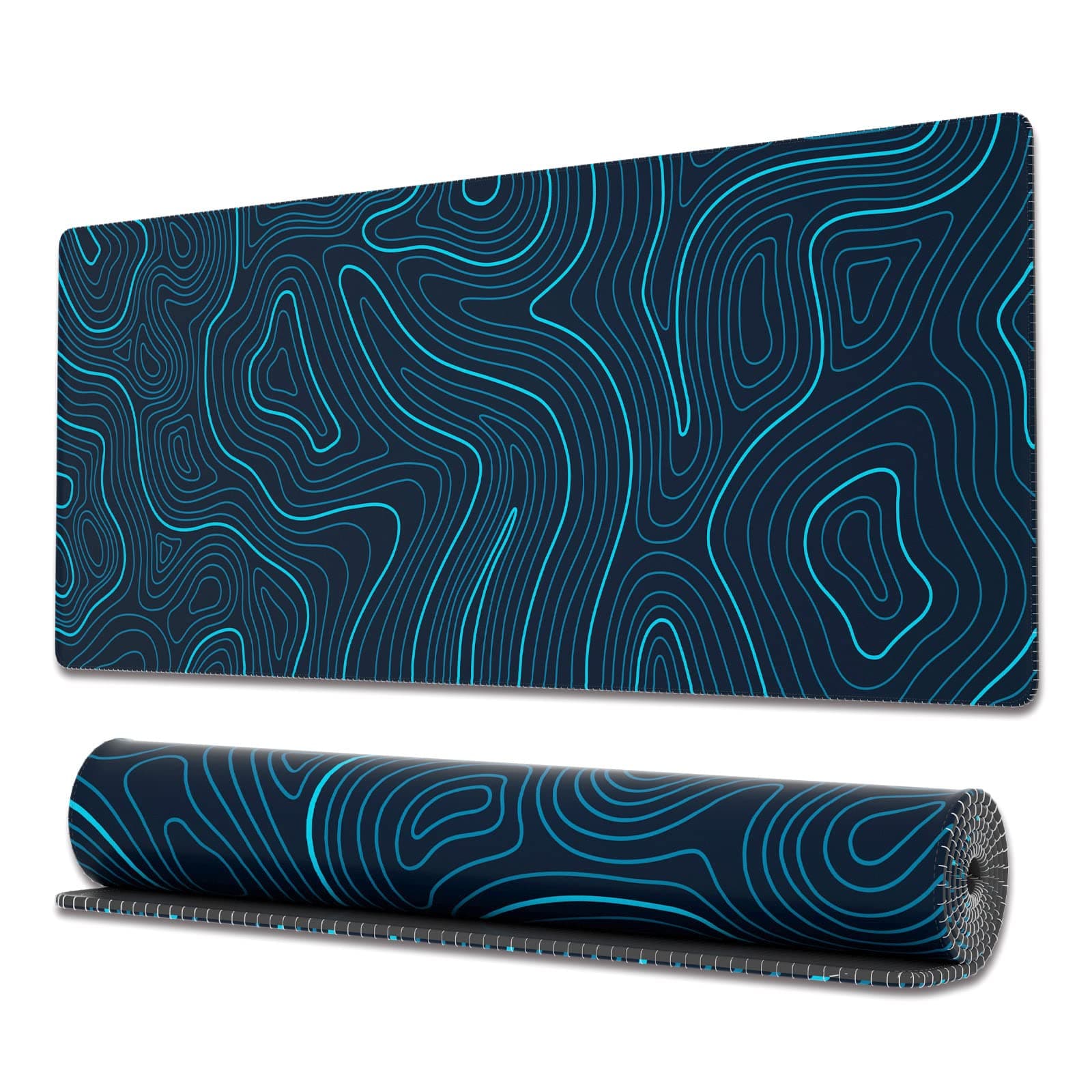 Large Gaming Mouse Pad w/Stitched Edges, Minimalist Topographic Map Desk Mat, Extended XL Mousepad w/Anti-Slip Base, Cool Desk Pad for Keyboard and Mouse, 31.5 x 11.8 in, Blue (OB-MP014C)